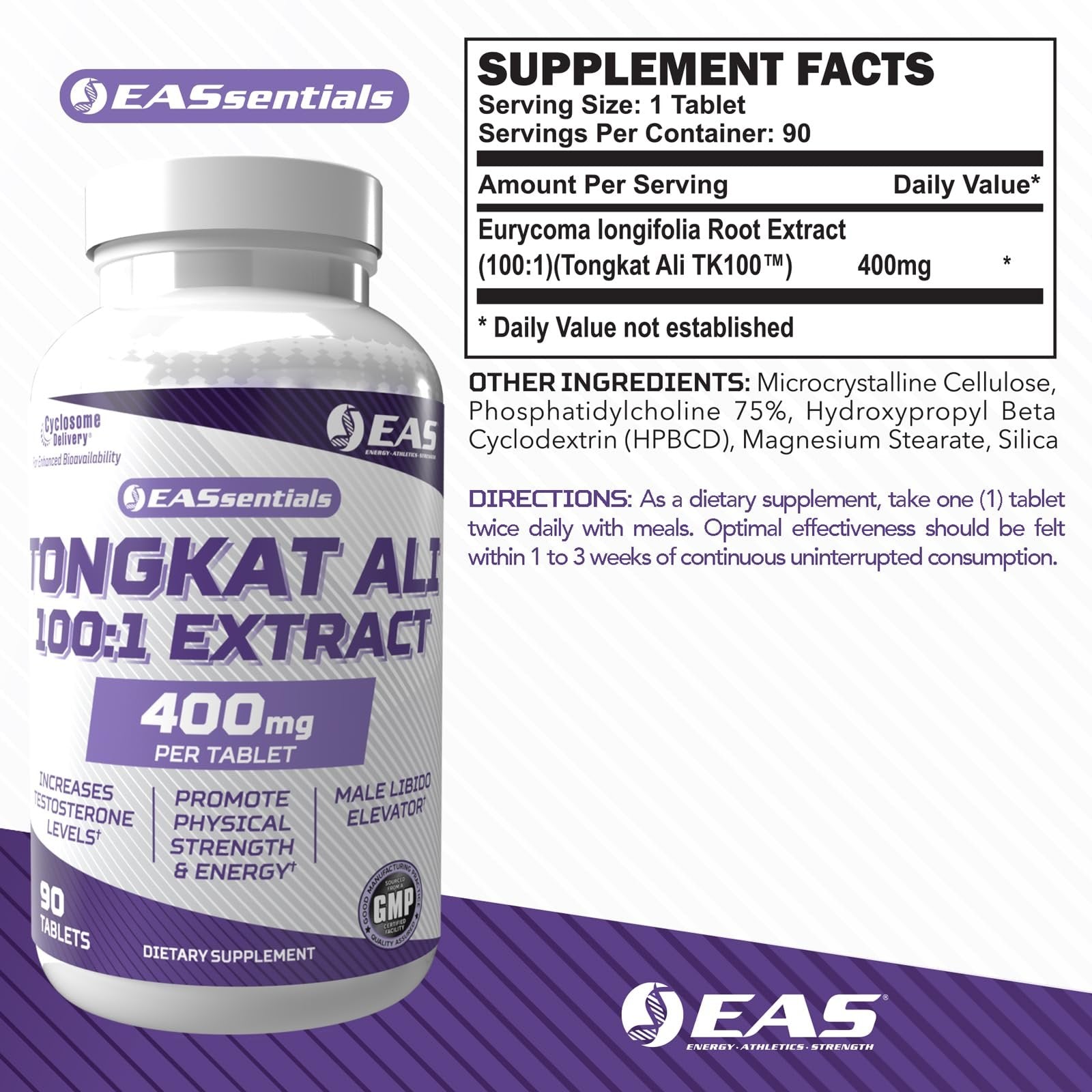 EAS Tongkat Ali 100:1 Extract for Men | Promotes Strength & Energy | Better Absorption with Cyclosome Delivery | 90 Tablets
