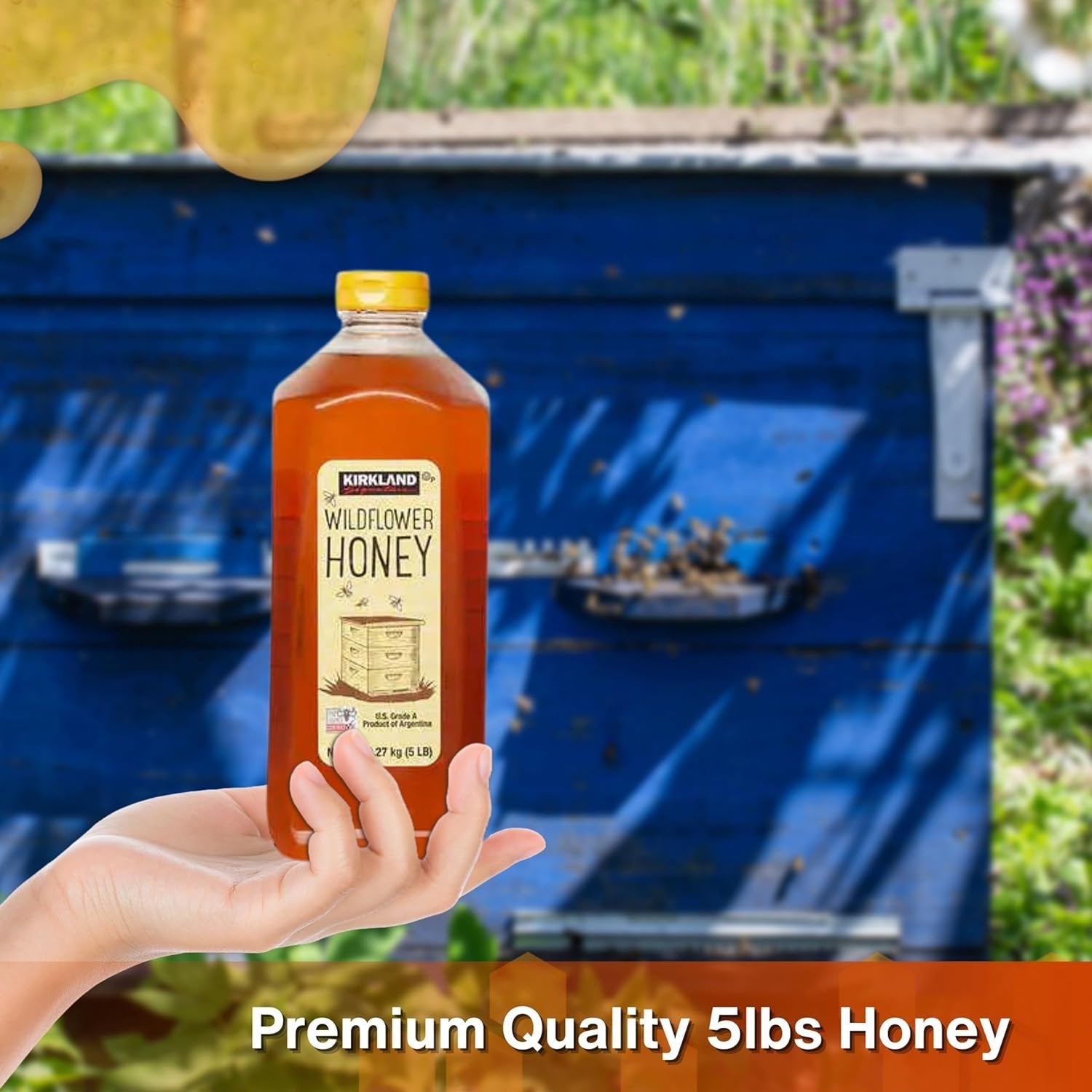 Kirkland Signature Wildflower Honey U.S Grade A - Premium Quality - Sugar-Free - Pack of 1 - 2.27kg (5LB) - with Multi-Purpose Keychain