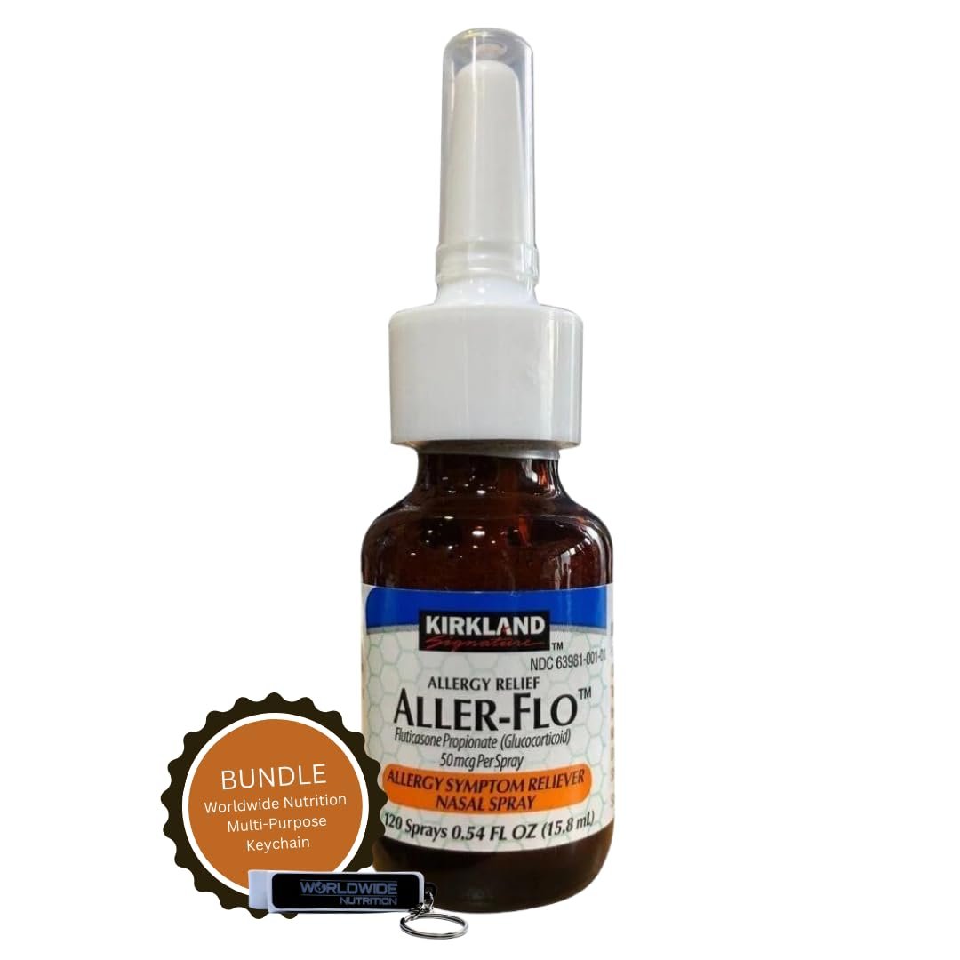 Worldwide Nutrition Bundle Compatible with Kirkland Aller-Flo Fluticasone Propionate (Glucorticoid) Nasal Spray - 1 Bottle x 120 Metered Sprays, 0.54 Fl OZ per Bottle with Keychain