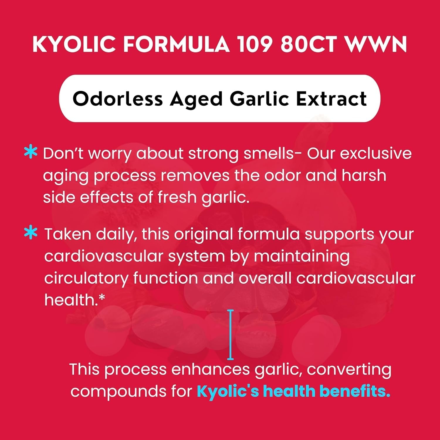 Kyolic Aged Garlic Extract Blood Pressure Health Formula 109 - Organic Garlic Supplement Odorless and Non-GMO 80 Capsules with Multi-Purpose Key Chain