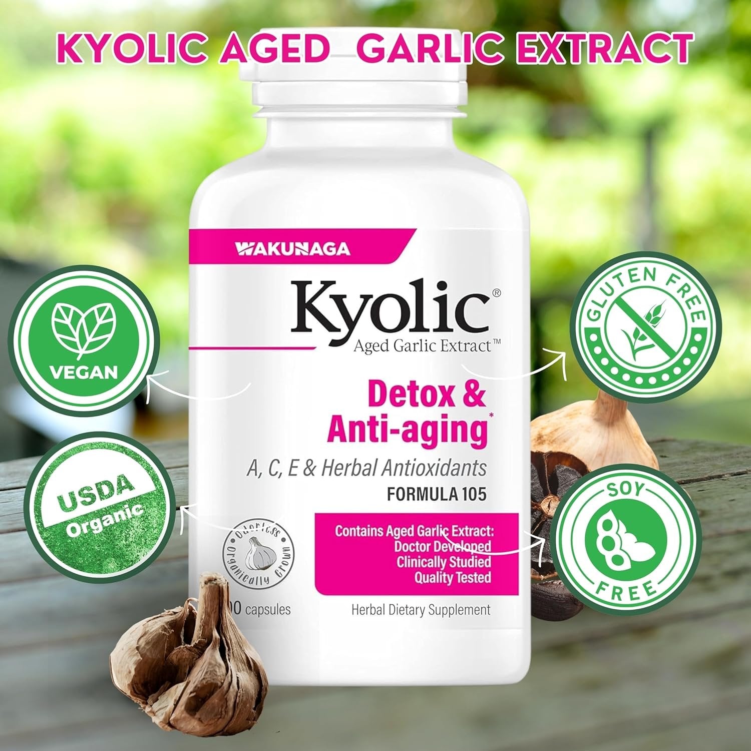 Kyolic Aged Garlic Extract Detox & Anti-Aging Formula 105 - Organic Aged Garlic Extract Odorless - 200 Capsules - with Multi-Purpose Key Chain