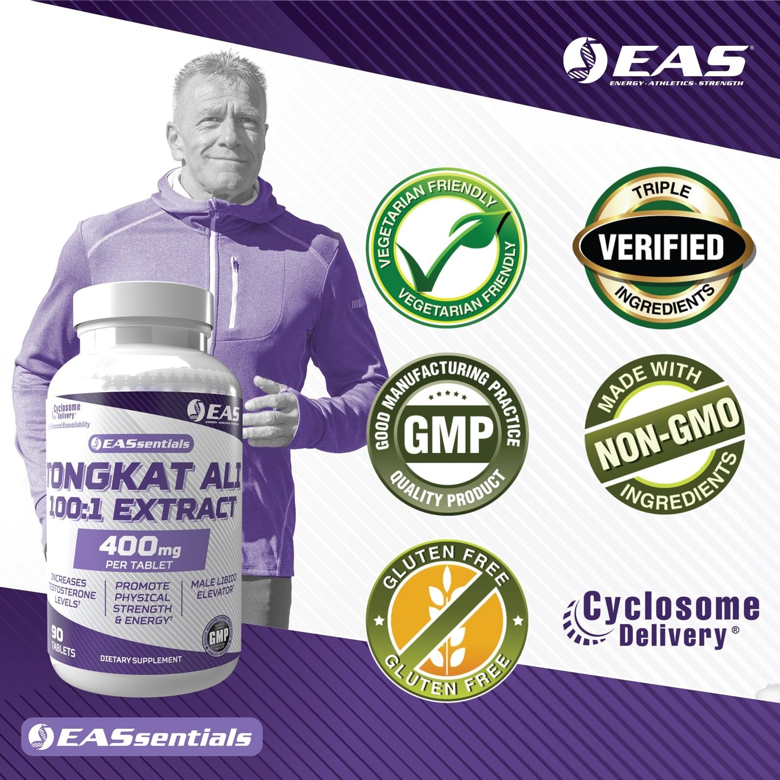 EAS Tongkat Ali 100:1 Extract for Men | Promotes Strength & Energy | Better Absorption with Cyclosome Delivery | 90 Tablets
