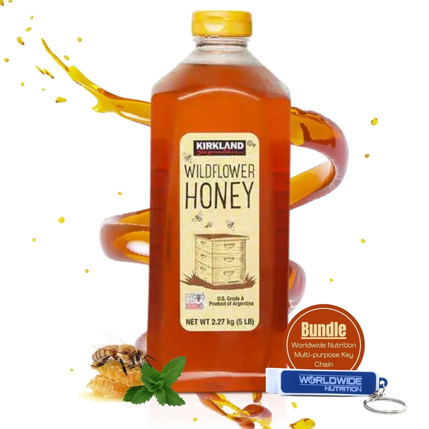 Kirkland Signature Wildflower Honey U.S Grade A - Premium Quality - Sugar-Free - Pack of 1 - 2.27kg (5LB) - with Multi-Purpose Keychain