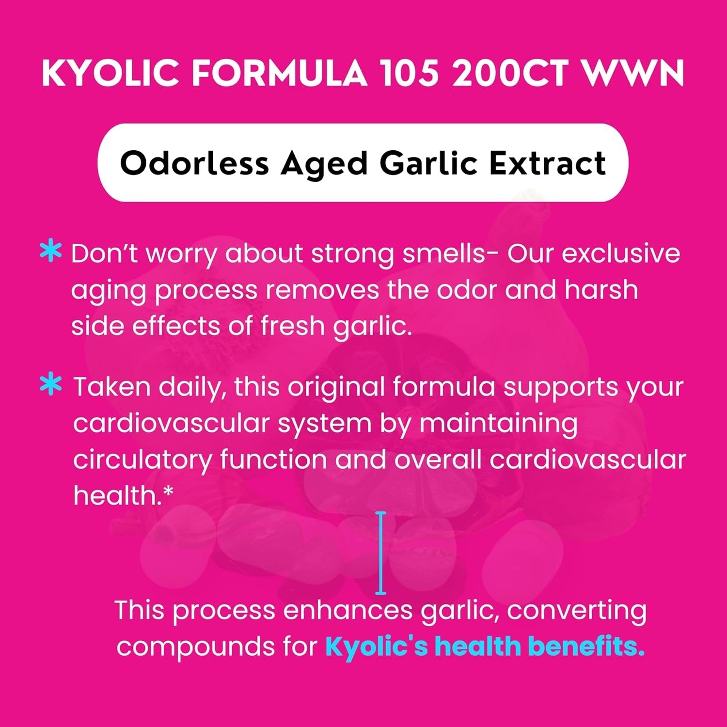 Kyolic Aged Garlic Extract Detox & Anti-Aging Formula 105 - Organic Aged Garlic Extract Odorless - 200 Capsules - with Multi-Purpose Key Chain