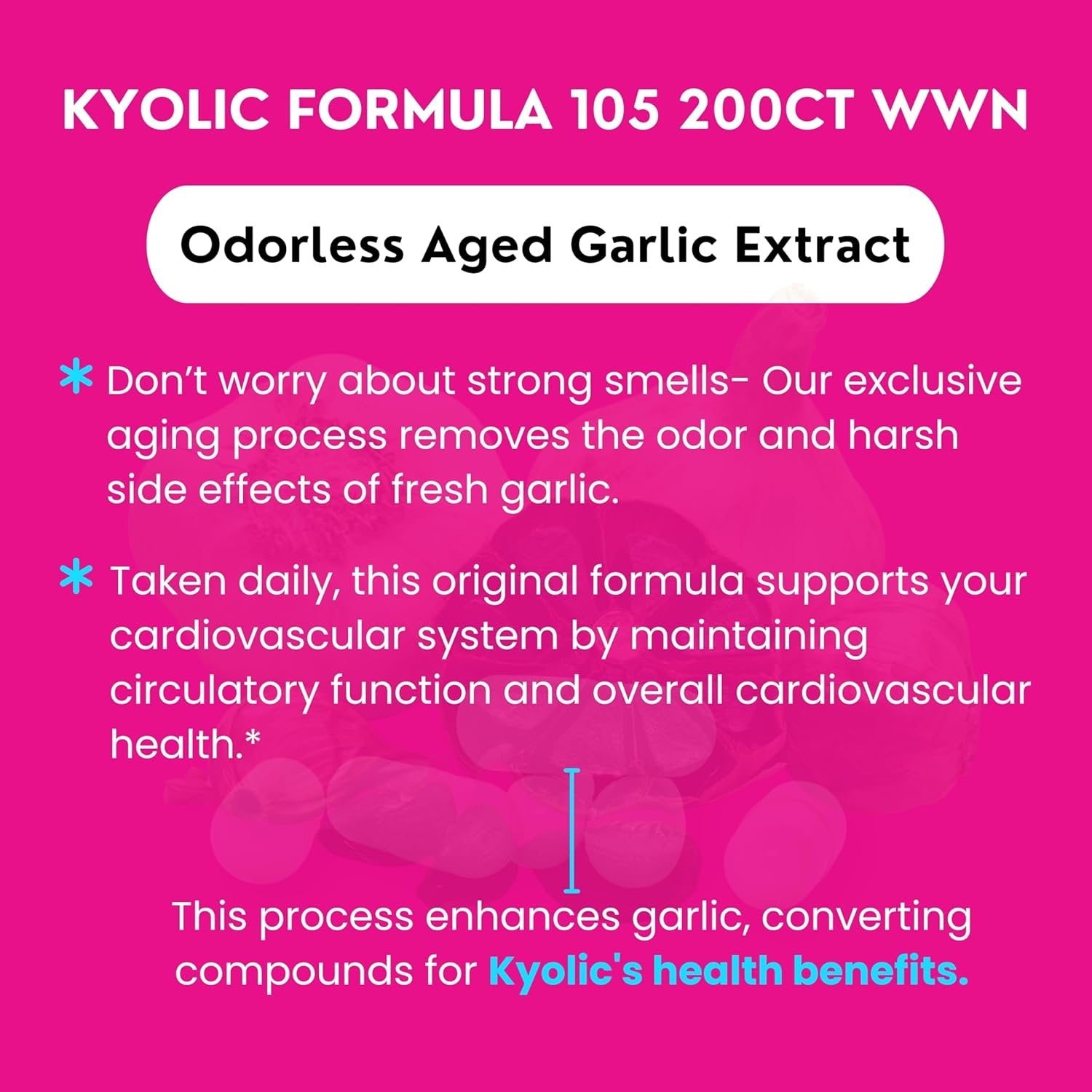 Kyolic Aged Garlic Extract Detox & Anti-Aging Formula 105 - Organic Aged Garlic Extract Odorless - 200 Capsules - with Multi-Purpose Key Chain