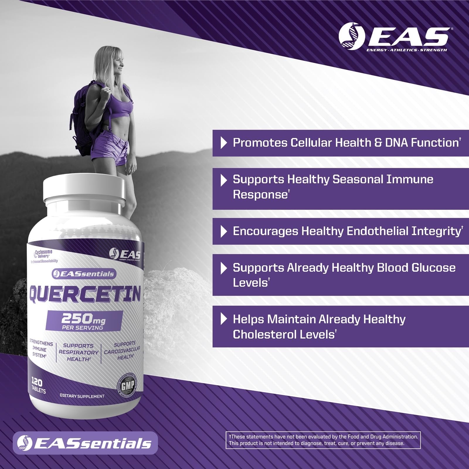 EAS Quercetin 250mg | Heart & Respiratory Health | Supports Immune Response | Gluten Free, Non GMO | Better Absorption with Cyclosome Delivery | 120 Tablets