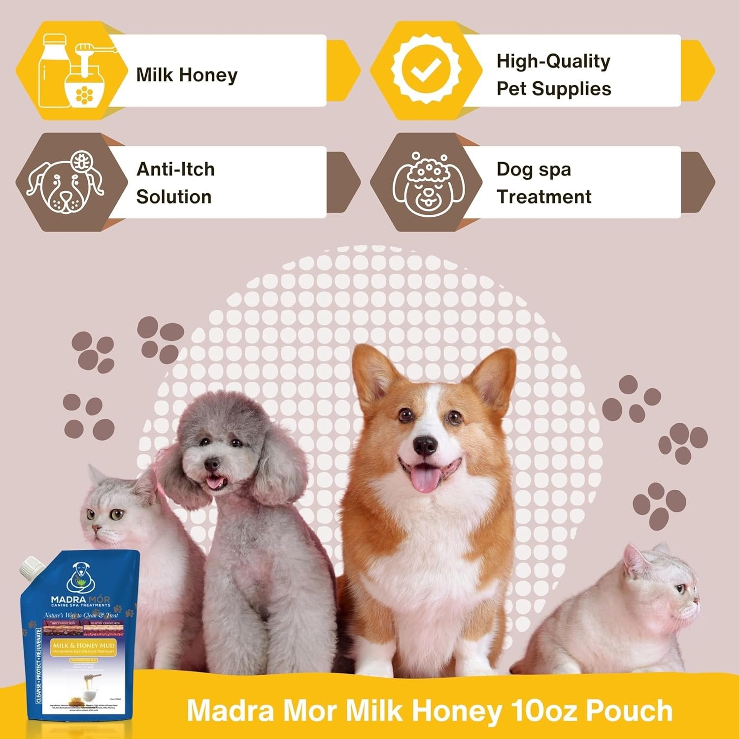 Madra Mor - Milk & Honey Mud Massaging Spa Bath for Dogs - Calms Irritations, Boosts Collagen, Helps Trans-Epidermal Water-Loss - 1 Pack of 10oz