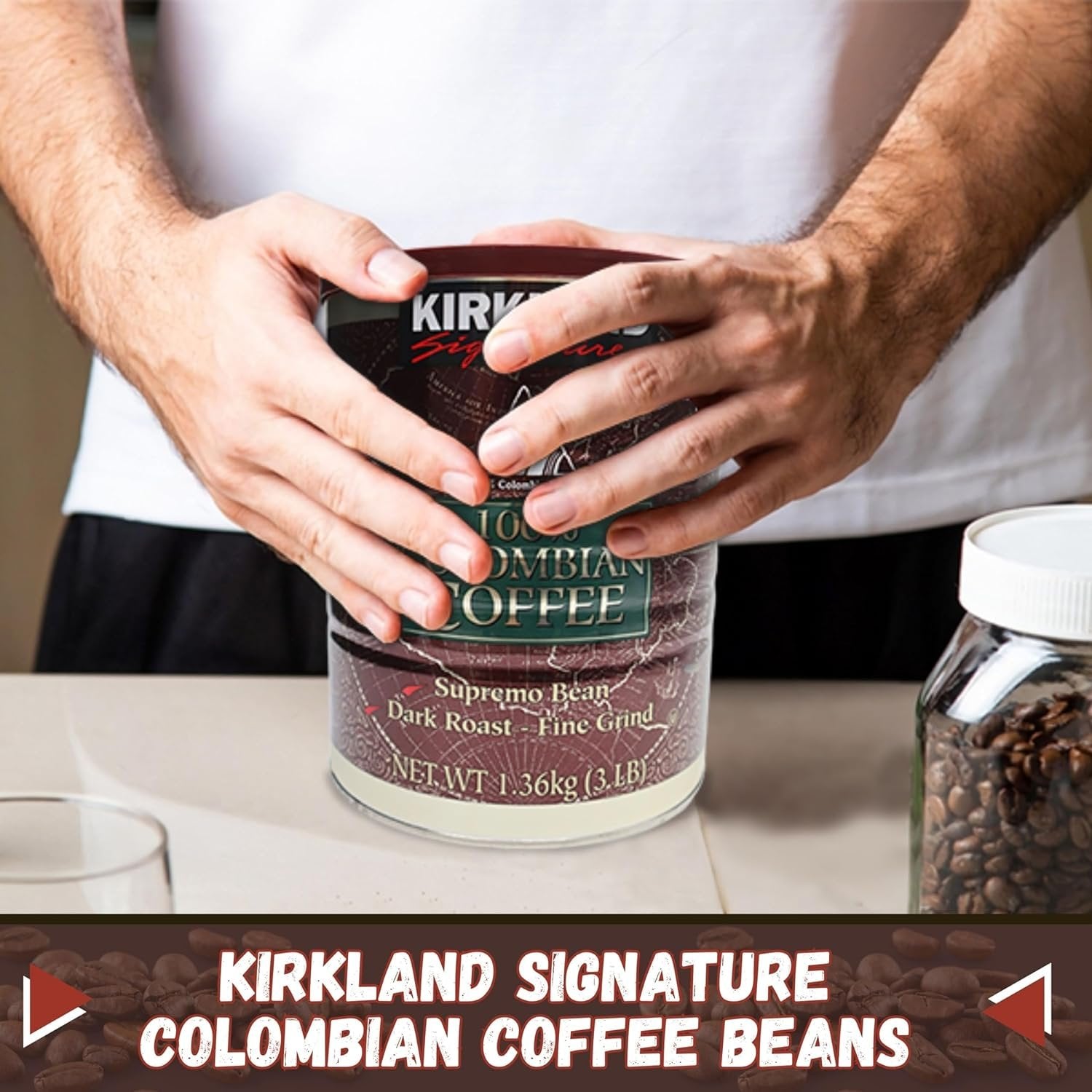 Kirkland Signature 100% Colombian Coffee Supremo Bean - Dark Roast - Fine Grind - 4 Pack of 3lb - with Multi-Purpose Key Chain