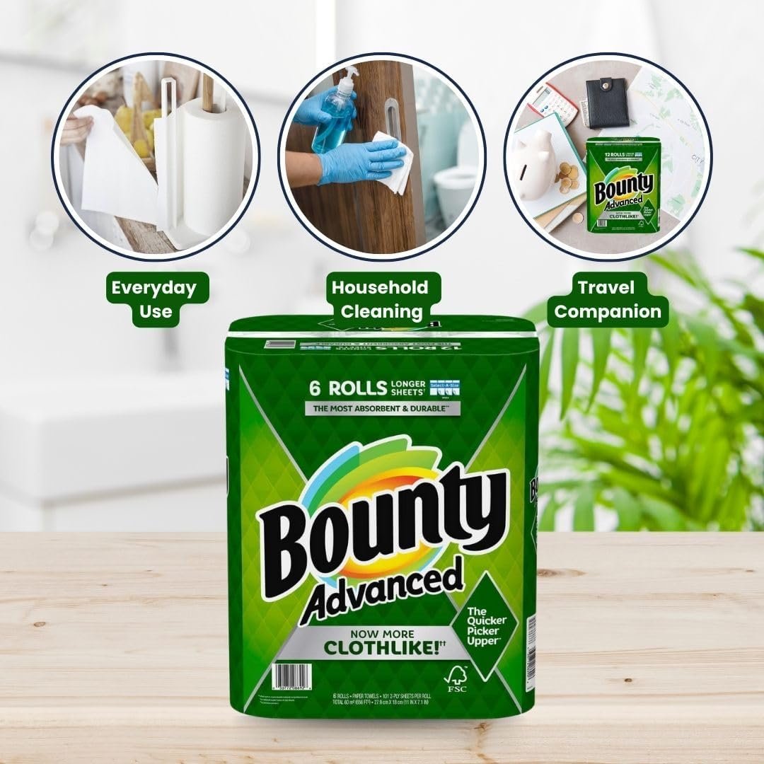 Bounty Advanced 2-Ply Paper Towel 6 Rolls - Select-A-Size - Absorbent - Durable - Longer Sheets - Clothlike -  with Multi-Purpose Keychain