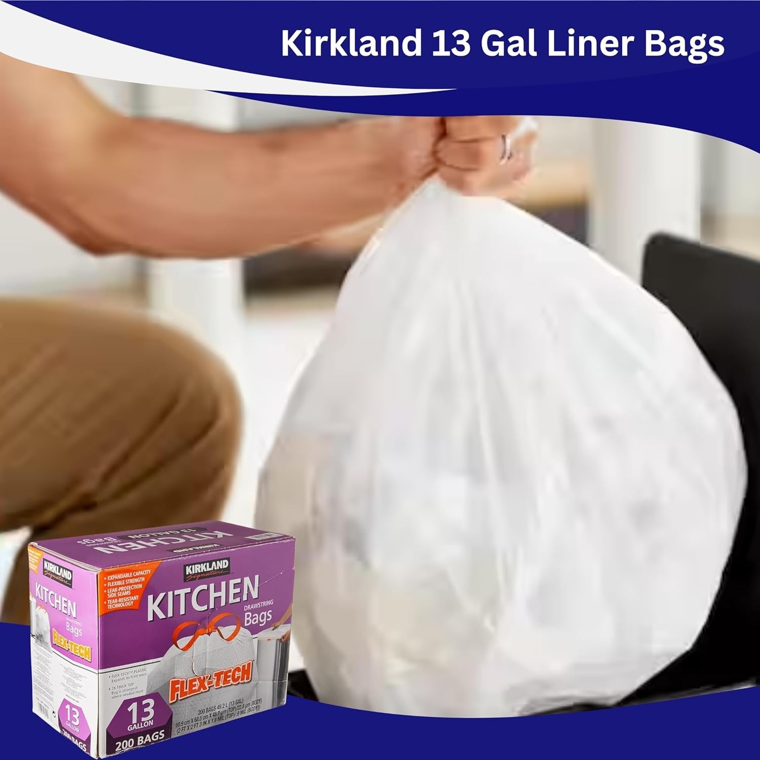 Kirkland Signature 13 Gallon Kitchen Drawstring Garbage Bag - Flex-Tech - 200 bags -  with Keychain