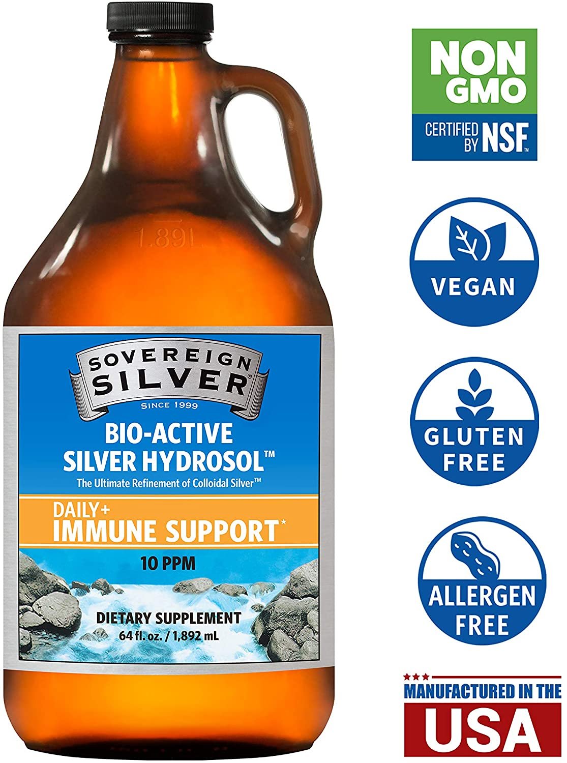 Sovereign Silver Bio-Active Silver Hydrosol for Immune Support - Colloidal Silver - 10 ppm, 64 fl oz