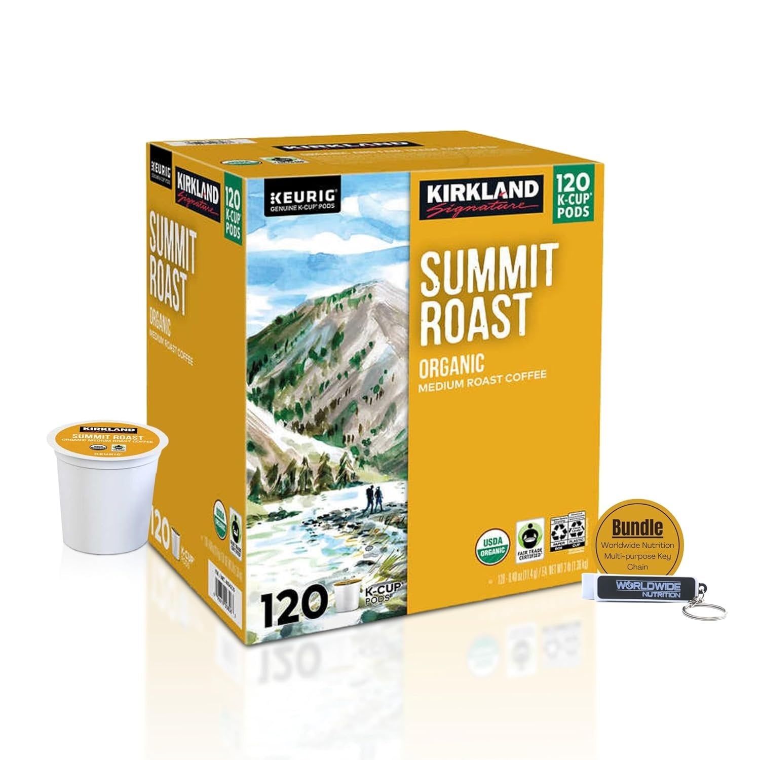 Kirkland Signature Summit Roast Organic Medium Roast Coffee - 120 K-Cup Pods - with Multi-Purpose Key Chain