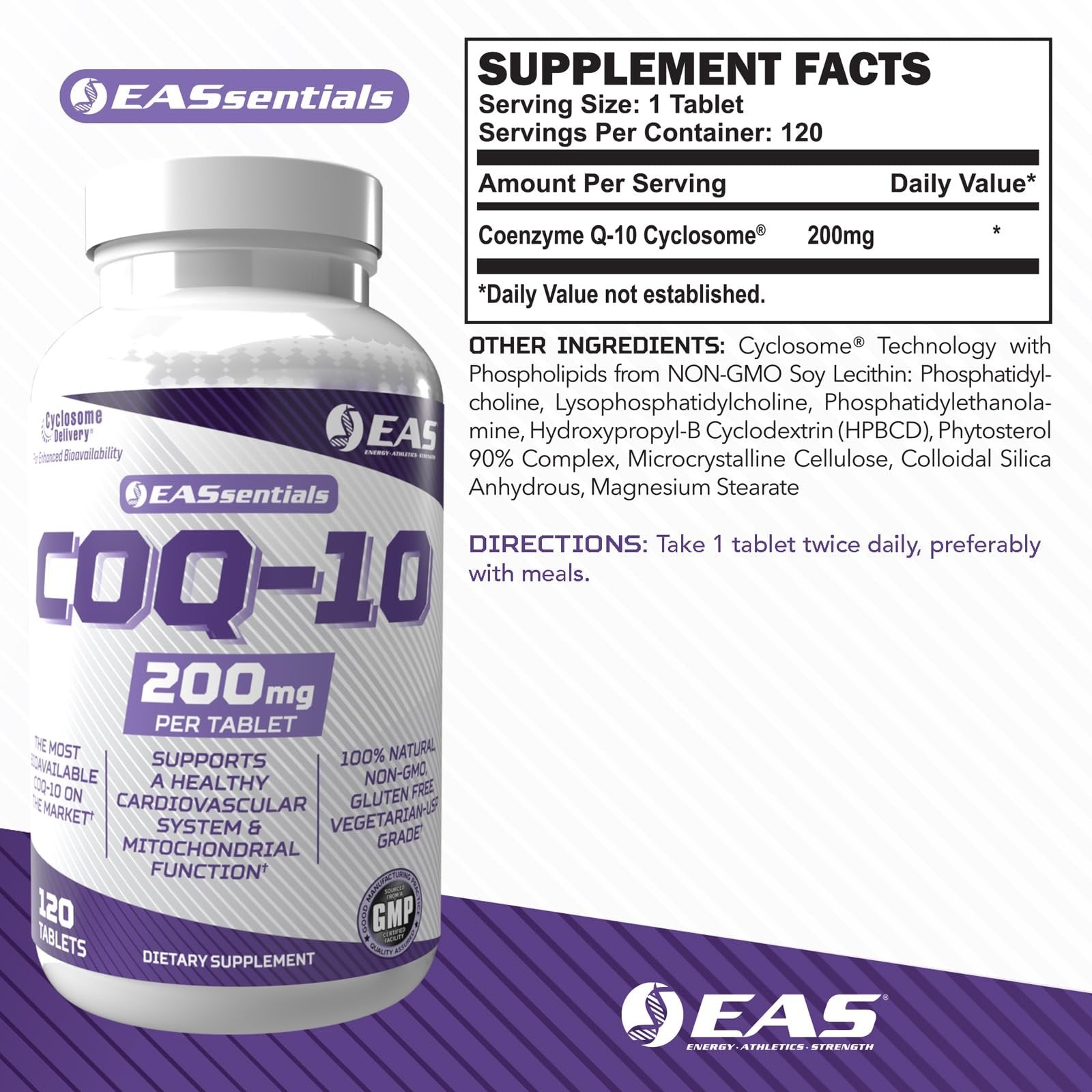 EAS COQ-10 200mg | Antioxidant Supporting Heart Health & Energy Production | Gluten Free, Non GMO | Better Absorption with Cyclosome Delivery | 120 Tablets