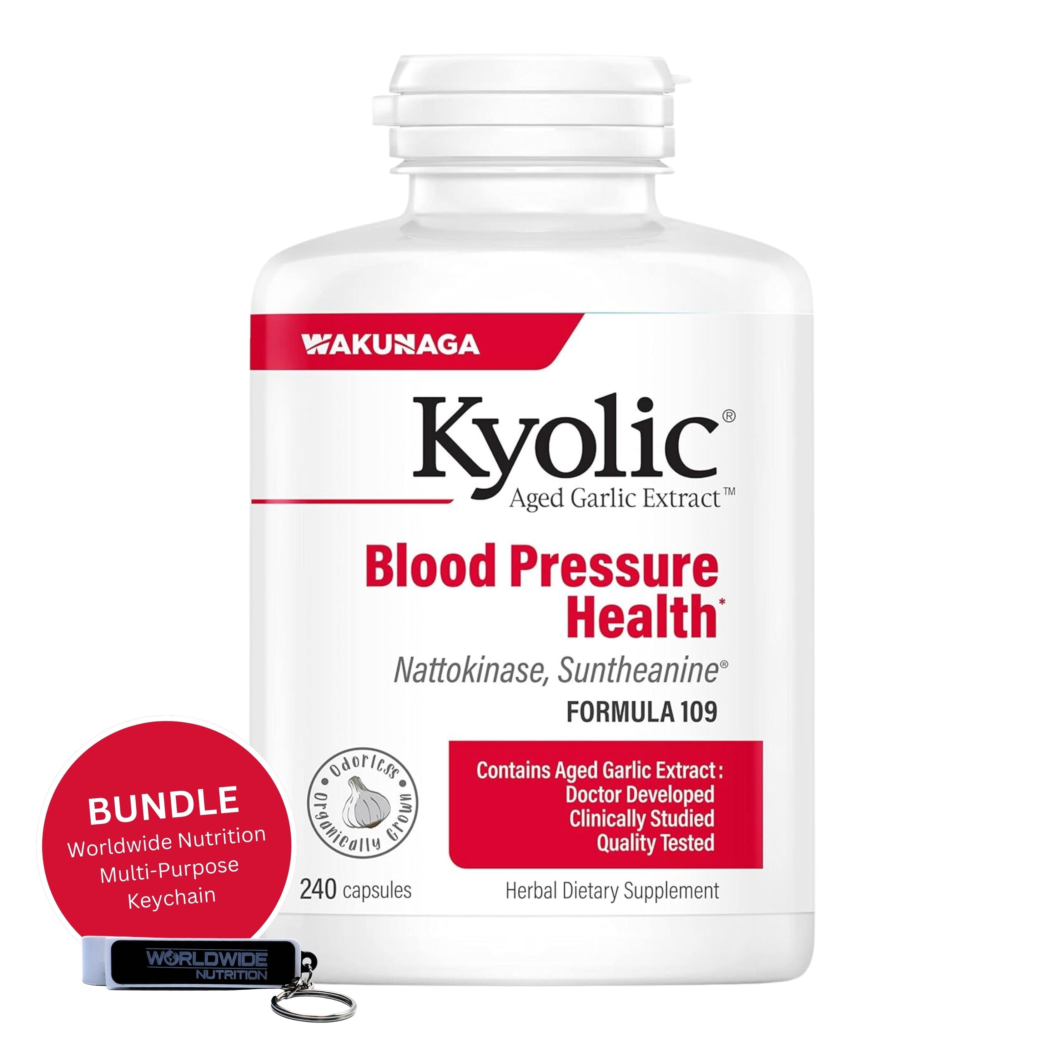 Kyolic Aged Garlic Extract Blood Pressure Health Formula 109 - 240 Capsules - Pack of 1 with Keychain
