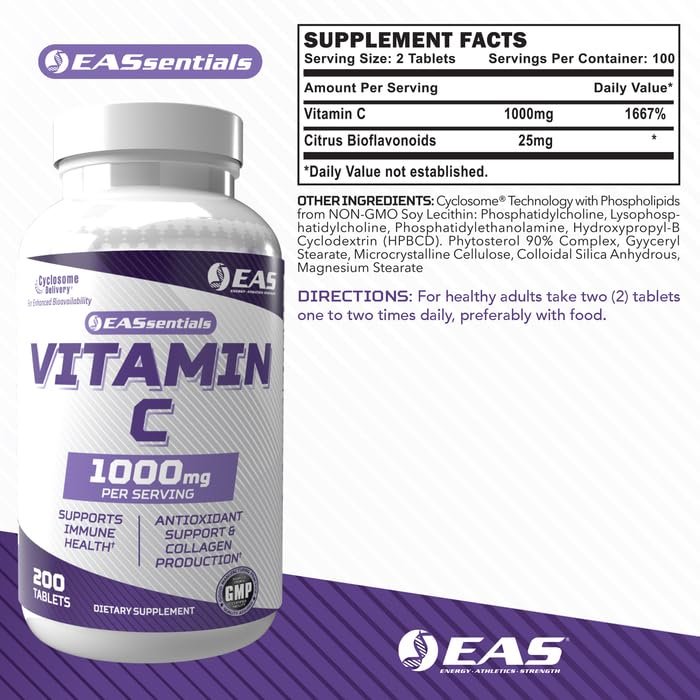 EAS Vitamin C 1000mg | Supports Immune Health & Collagen Production | High Potency Antioxidant Support | Better Absorption with Cyclosome Delivery | 200 Tablets