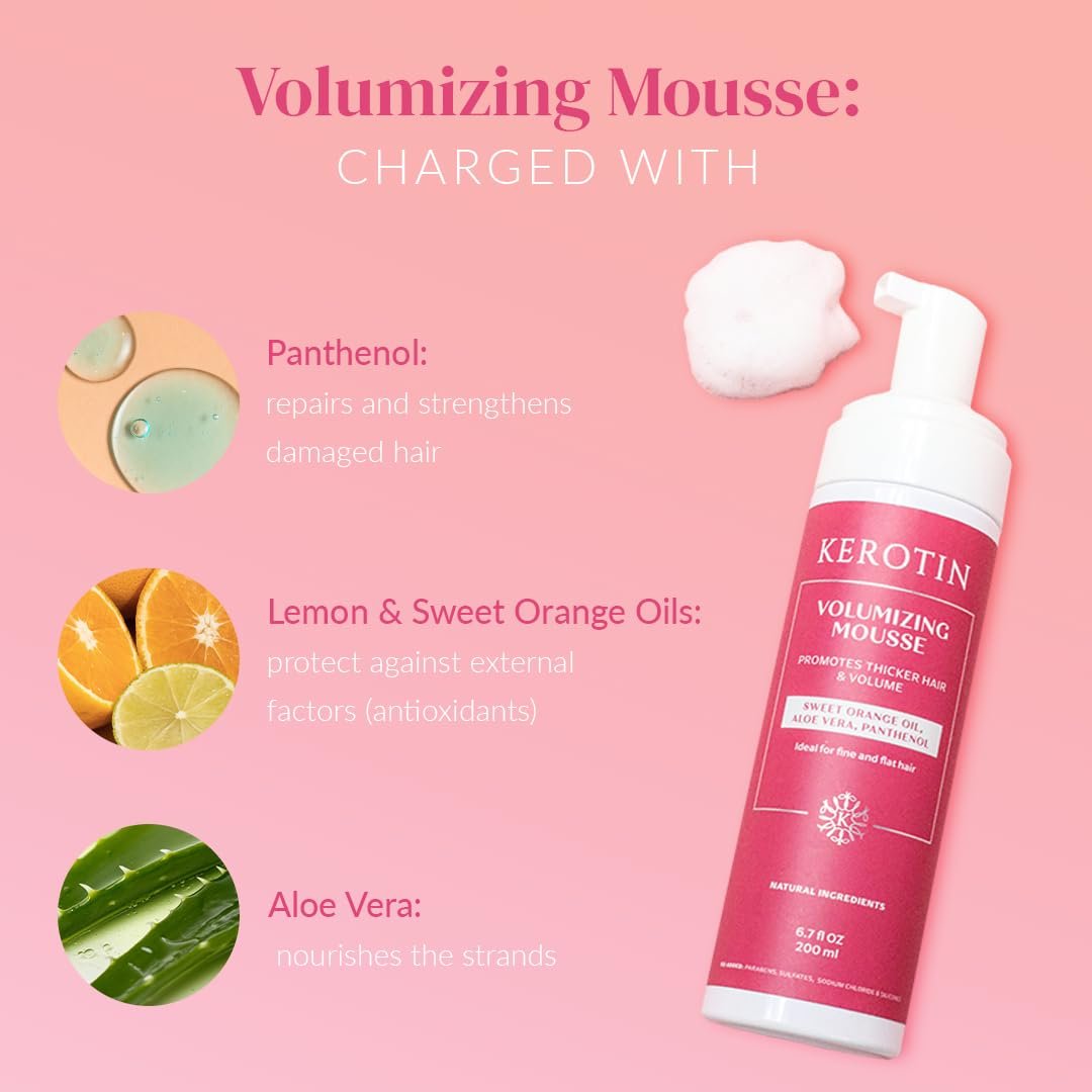 Kerotin Volumizing Mousse (6.7 fl oz) - Root Volumizer, Hair Thickening Styling Foam for Volume, Texture & Body, Tames Frizz & Flyaways, Ideal for Fine and Thin Hair - Cruelty Free, Made in the USA