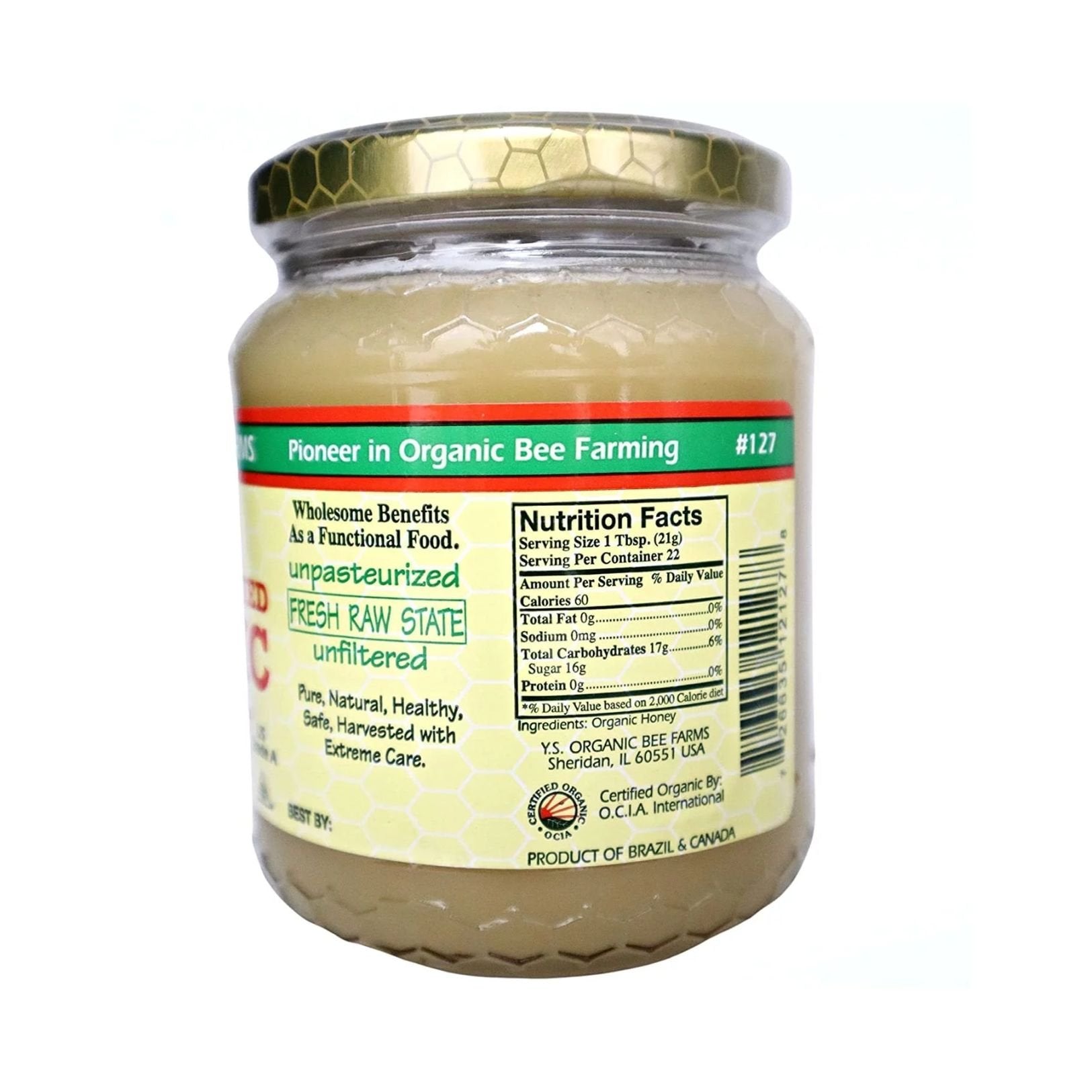 Y.S. Organic Bee Farms 100% Certified Y.S. Organic Raw Honey - Unpasteurized, Unfiltered, Pure Natural Honey - Gluten Free Organic Food and Natural Sweetener - 1 Lb Honey Jar with Bonus Key Chain