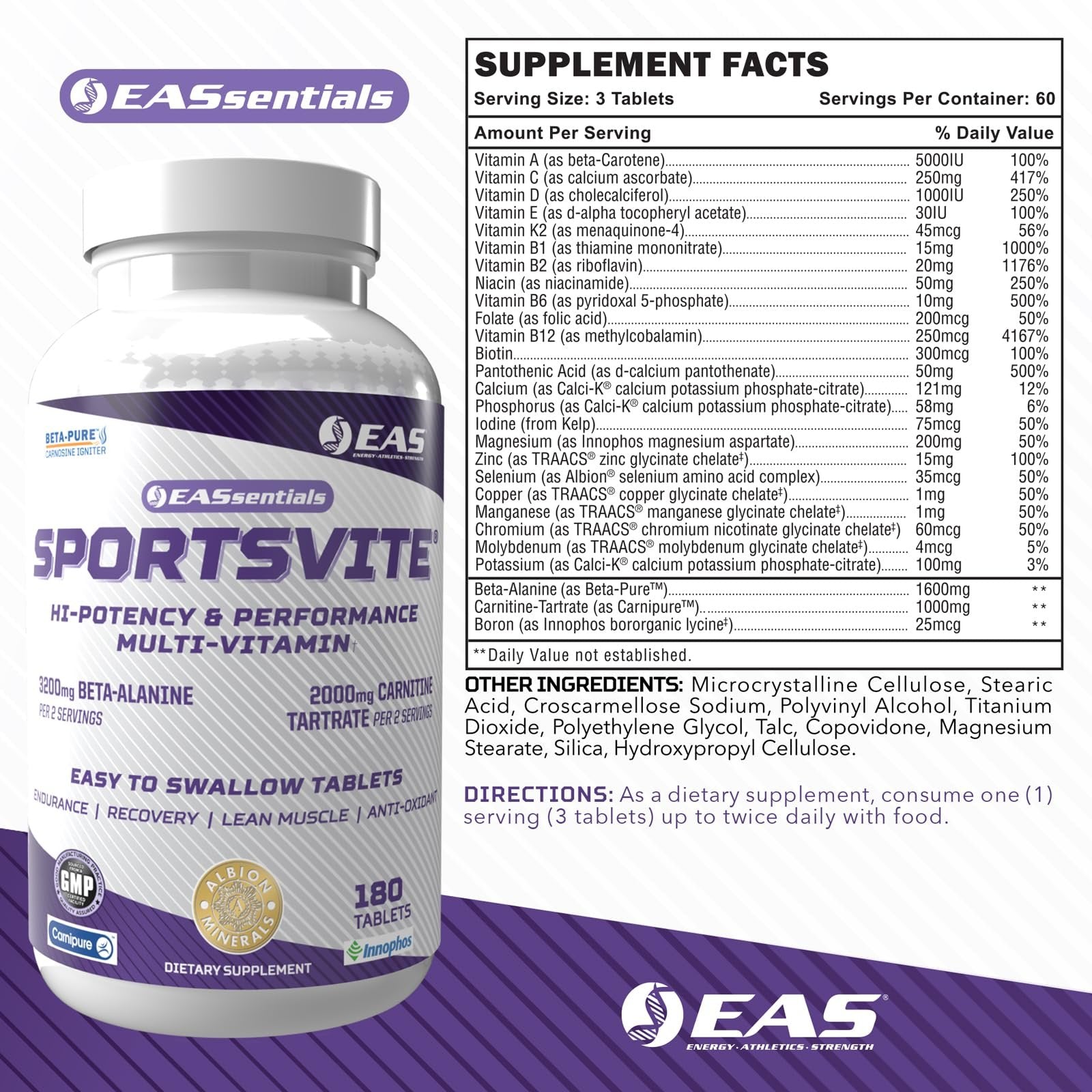 EAS SportsVite High Potency Multivitamin for Athletes | Vitamin & Mineral Nutrient Blend | 2300mg Beta Alanine, 2000mg Carnitine Tartrate | 180 Tablets
