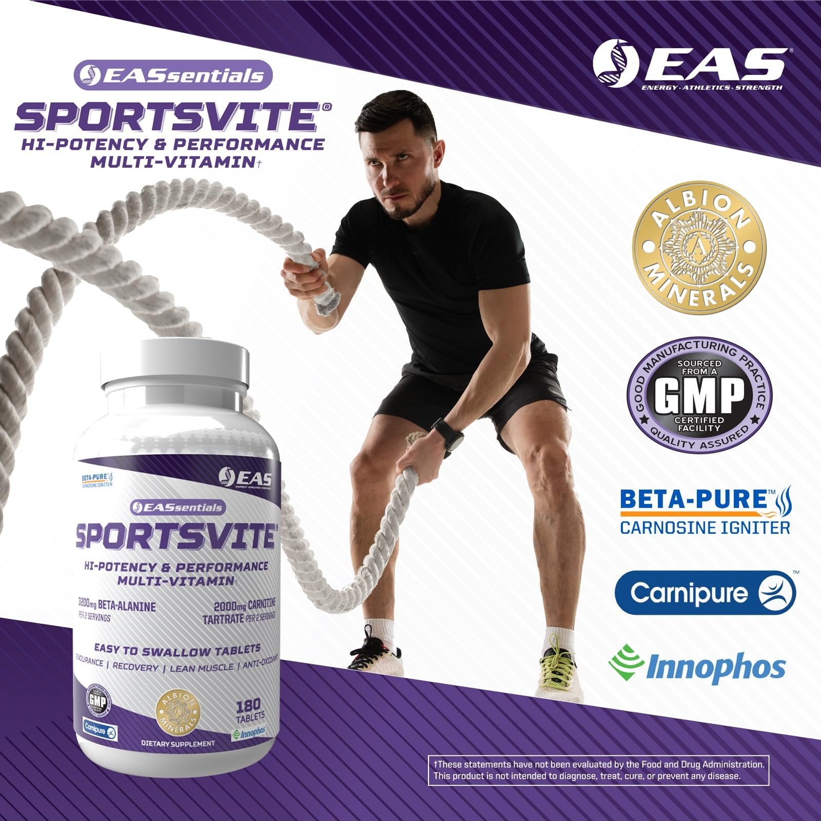 EAS SportsVite High Potency Multivitamin for Athletes | Vitamin & Mineral Nutrient Blend | 2300mg Beta Alanine, 2000mg Carnitine Tartrate | 180 Tablets