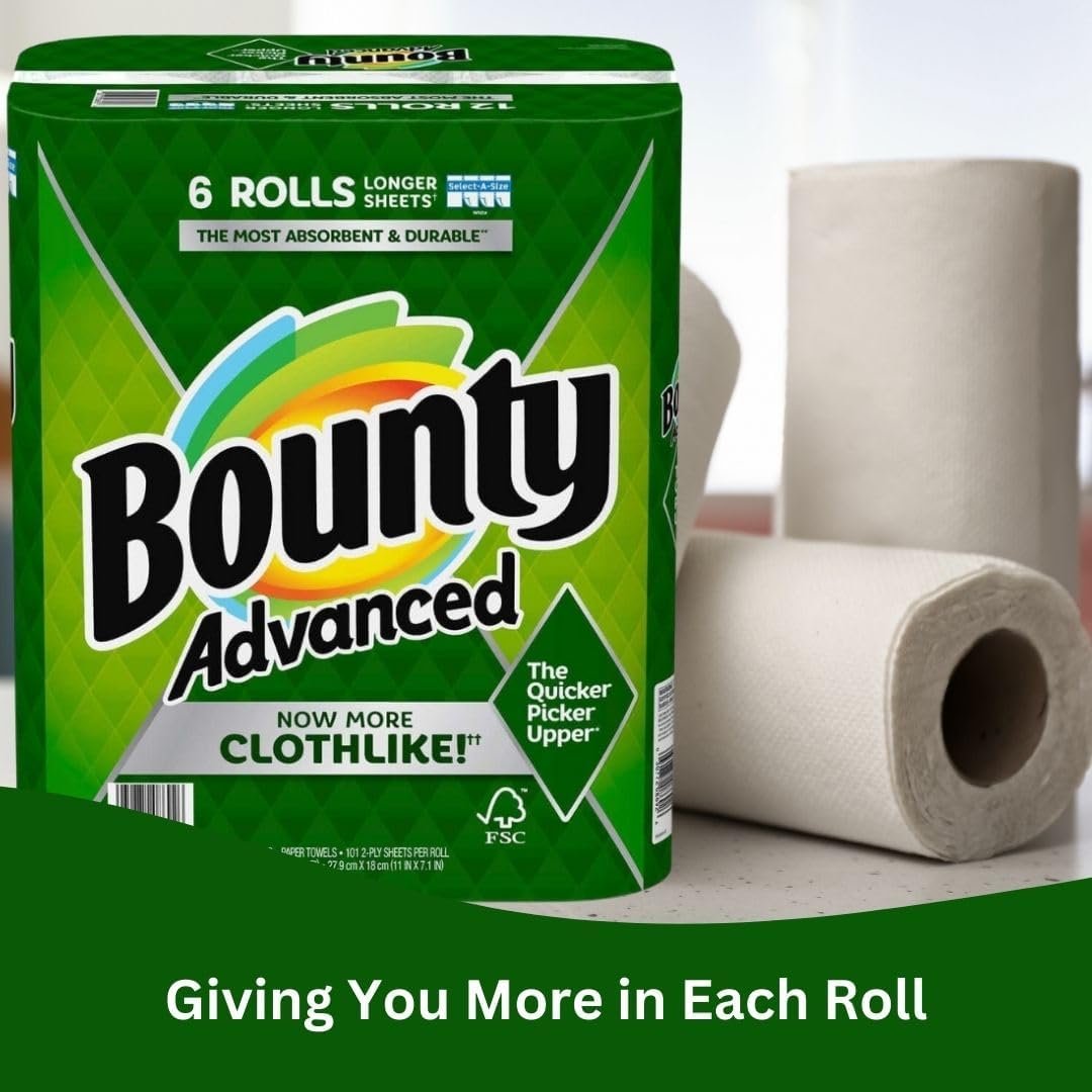 Bounty Advanced 2-Ply Paper Towel 6 Rolls - Select-A-Size - Absorbent - Durable - Longer Sheets - Clothlike -  with Multi-Purpose Keychain