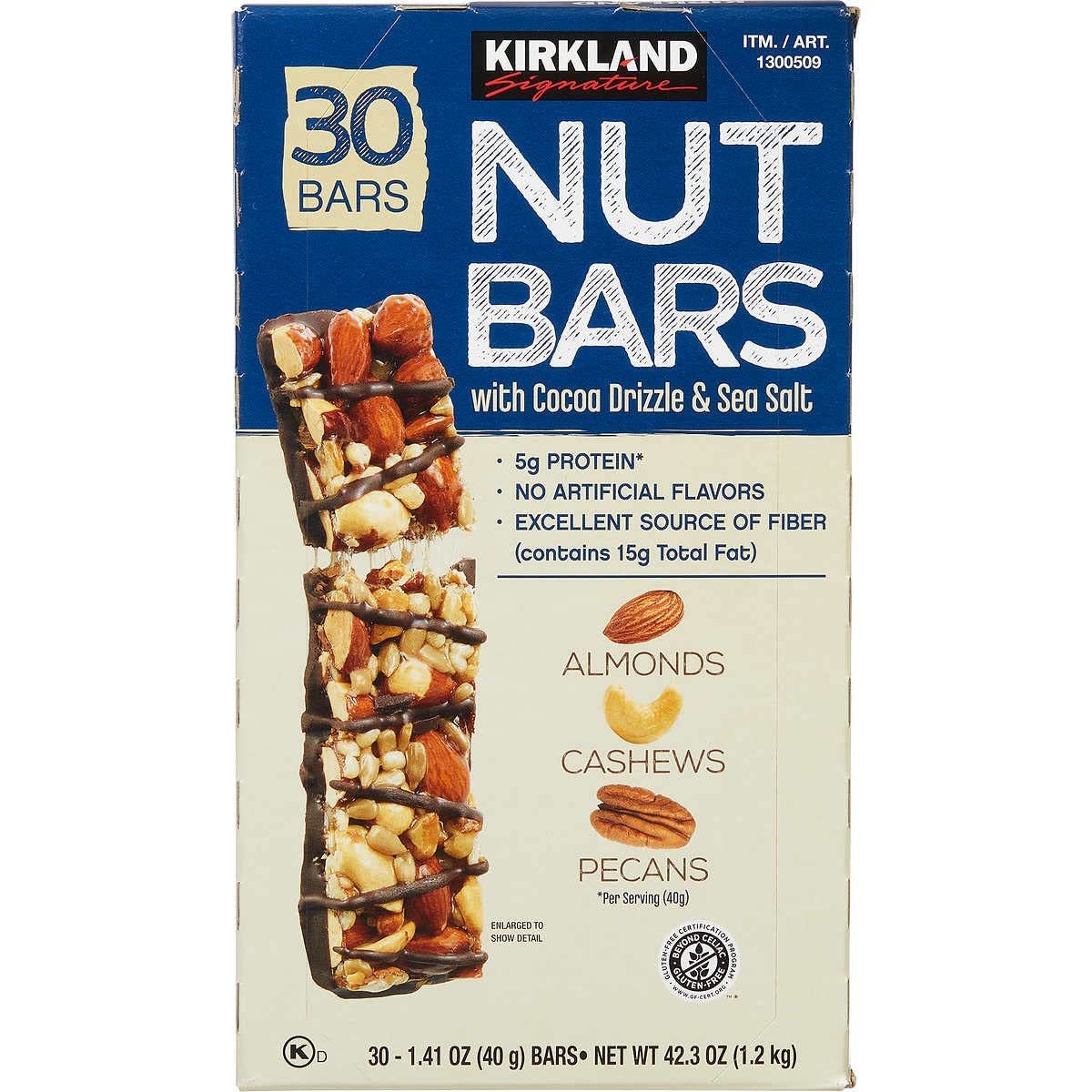 Kirkland Signature Nut Bars with Cocoa Drizzle & Sea Salt, 30 Bars - Pack of 1 with Keychain