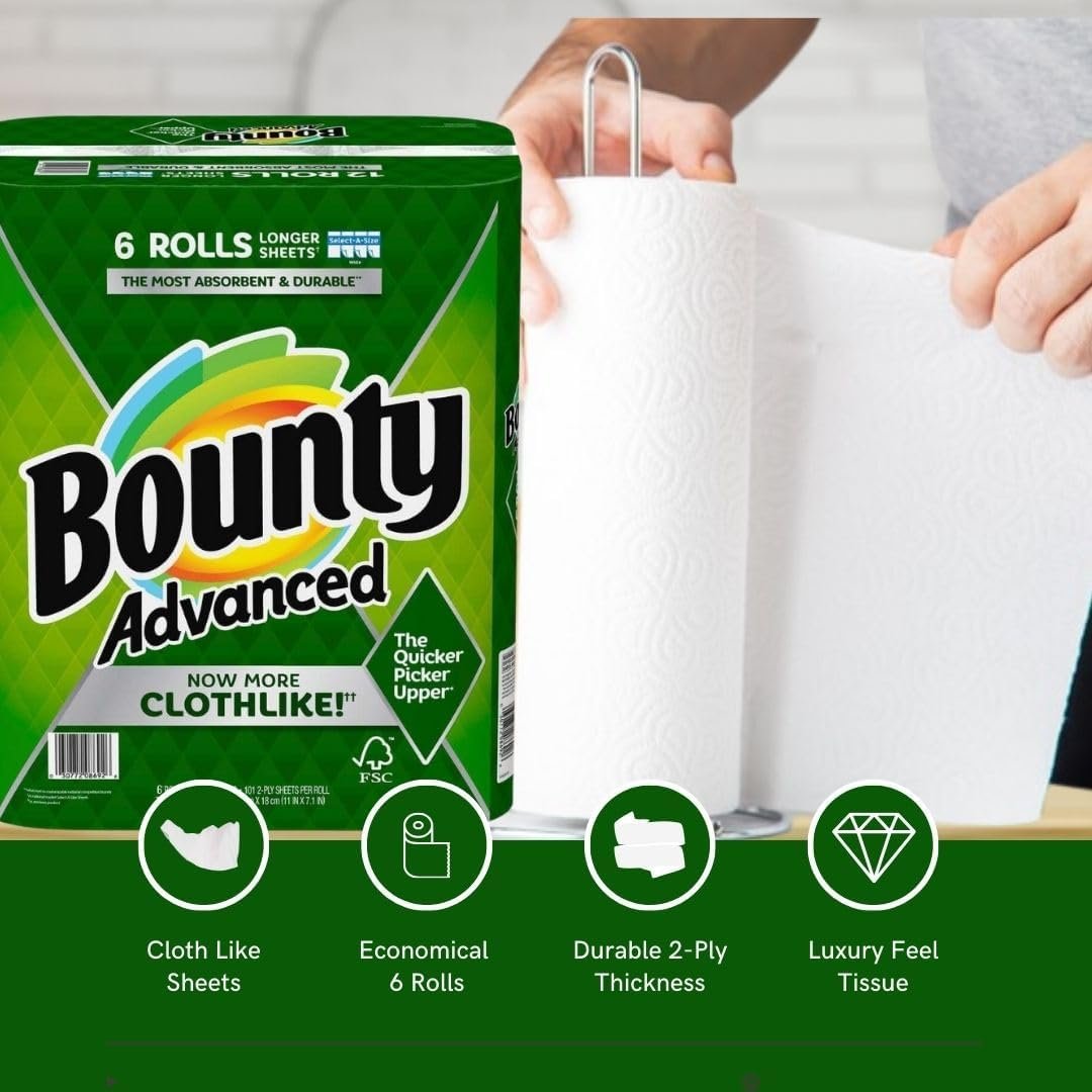 Bounty Advanced 2-Ply Paper Towel 6 Rolls - Select-A-Size - Absorbent - Durable - Longer Sheets - Clothlike -  with Multi-Purpose Keychain