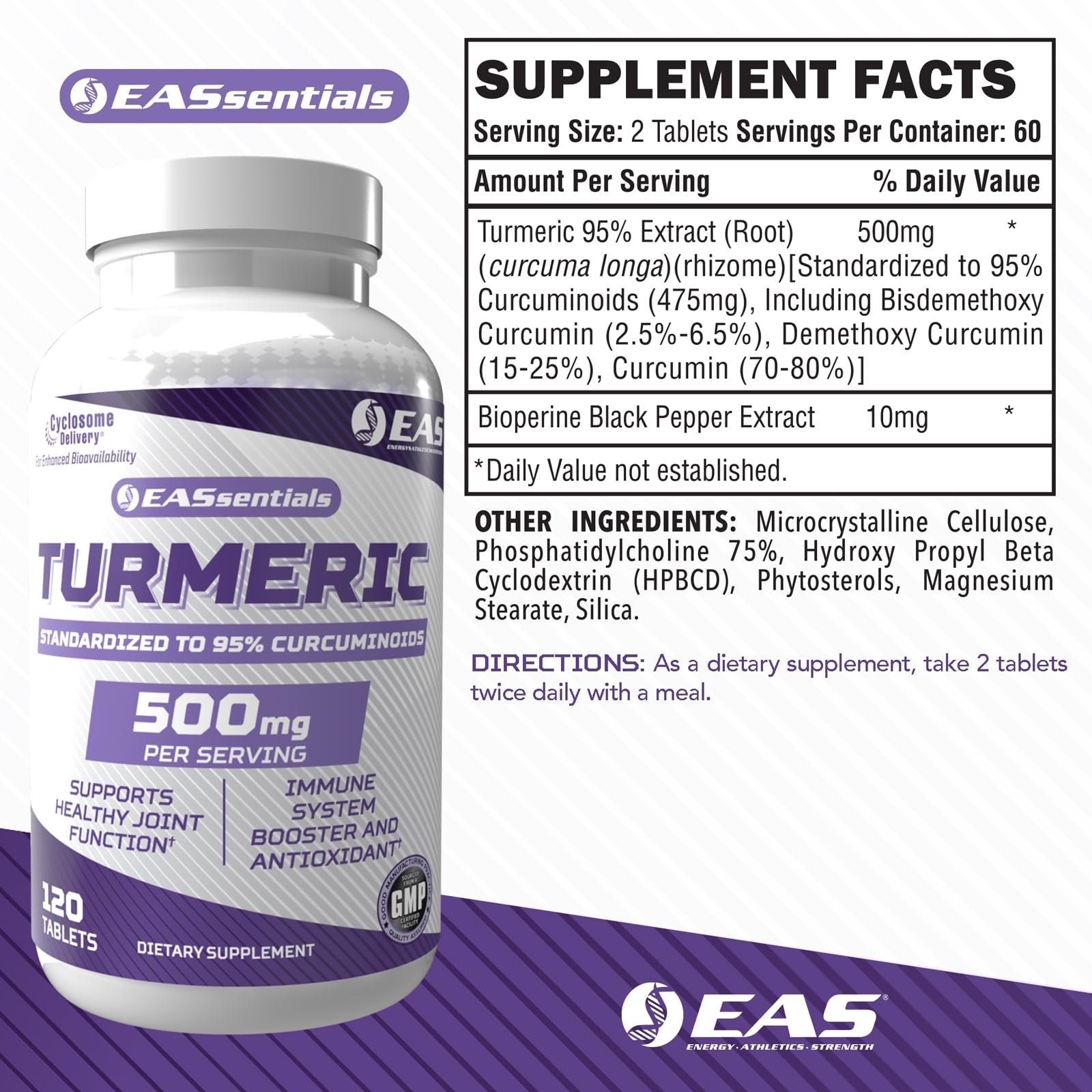 EAS Turmeric 500mg | 95% Standardized Curcuminoids | Boost Antioxidants, Immunity, & Joint Function | Better Absorption with Cyclosome Delivery | 120 Tablets