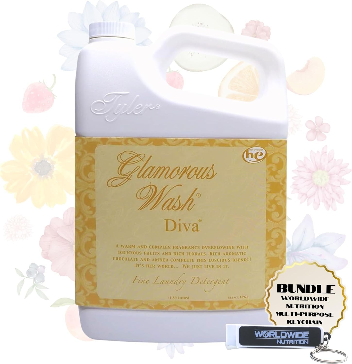 Tyler Candle Company Glamorous Wash Diva Fine Laundry Liquid Detergent - Hand and Machine Washable - 1.89 L (64oz) - Pack of 1 with Multi-Purpose Key Chain