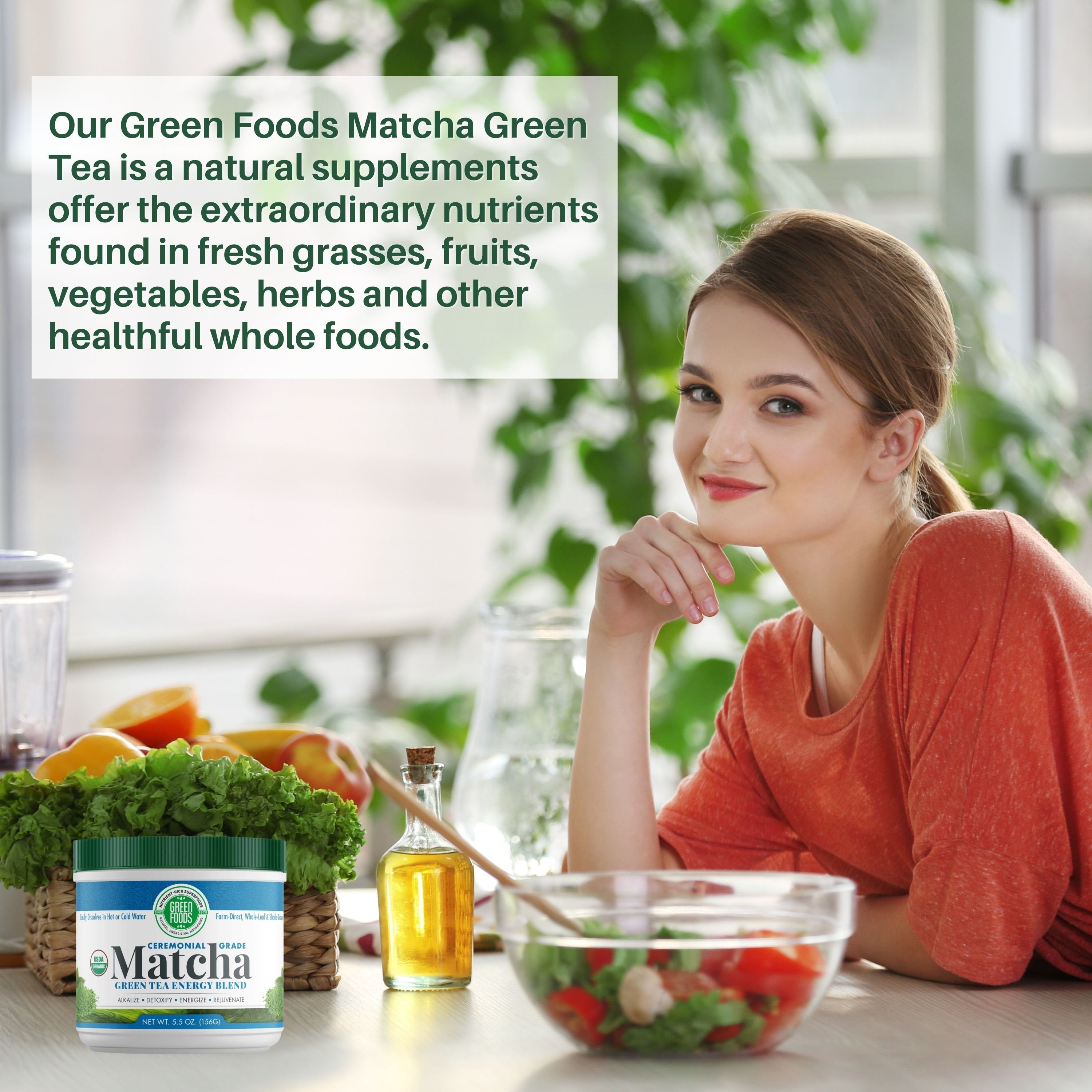 Green Foods Organic Ceremonial Grade Matcha Green Tea Energy Blend Powder - Alkalize - Detoxify - Energize - Rejuvenate - 5.5oz (156g) - with Multi-Purpose Keychain