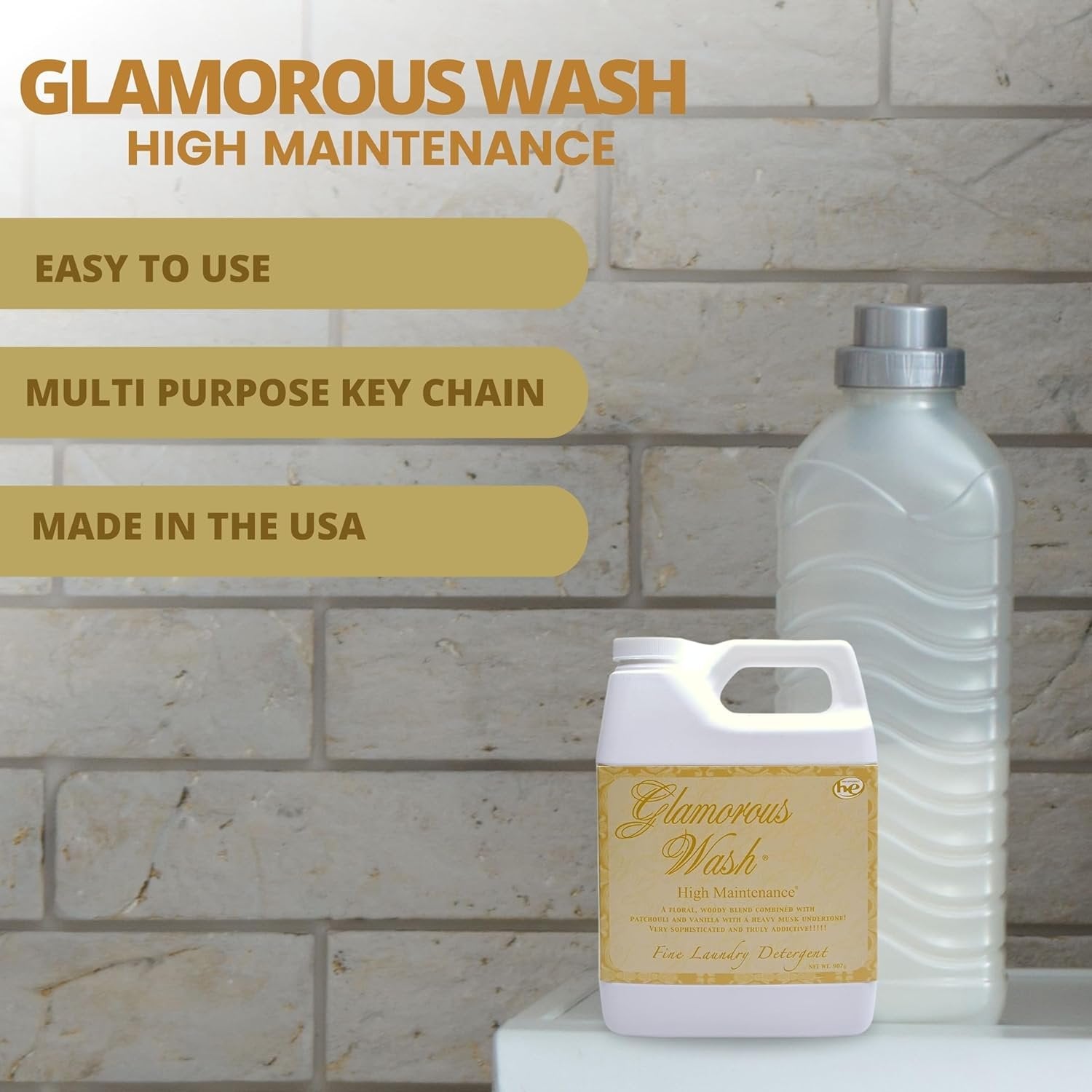 Tyler Candle Company Glamorous Wash High Maintenance Scent Fine Laundry Liquid Detergent - Phosphate-Free - Hand and Machine Washable - 1 Container of 907gram (32 Fl Oz) with Multi-Purpose Key Chain