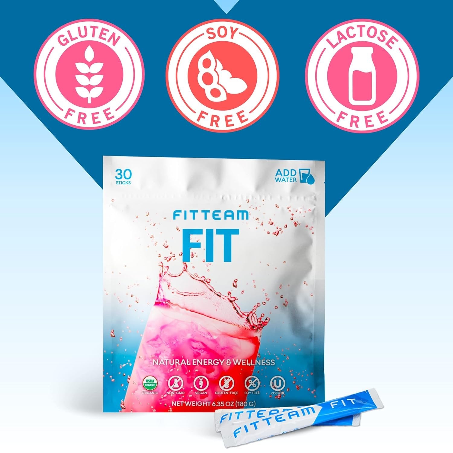 FITTEAM Fit Sticks Organic Energy and Wellness Beverage - Organic Energy Drink Mix - Mental Focus, Energy and Metabolism Boost - Mood Support and Antioxidants - 30 Individually Wrapped Stick Packs