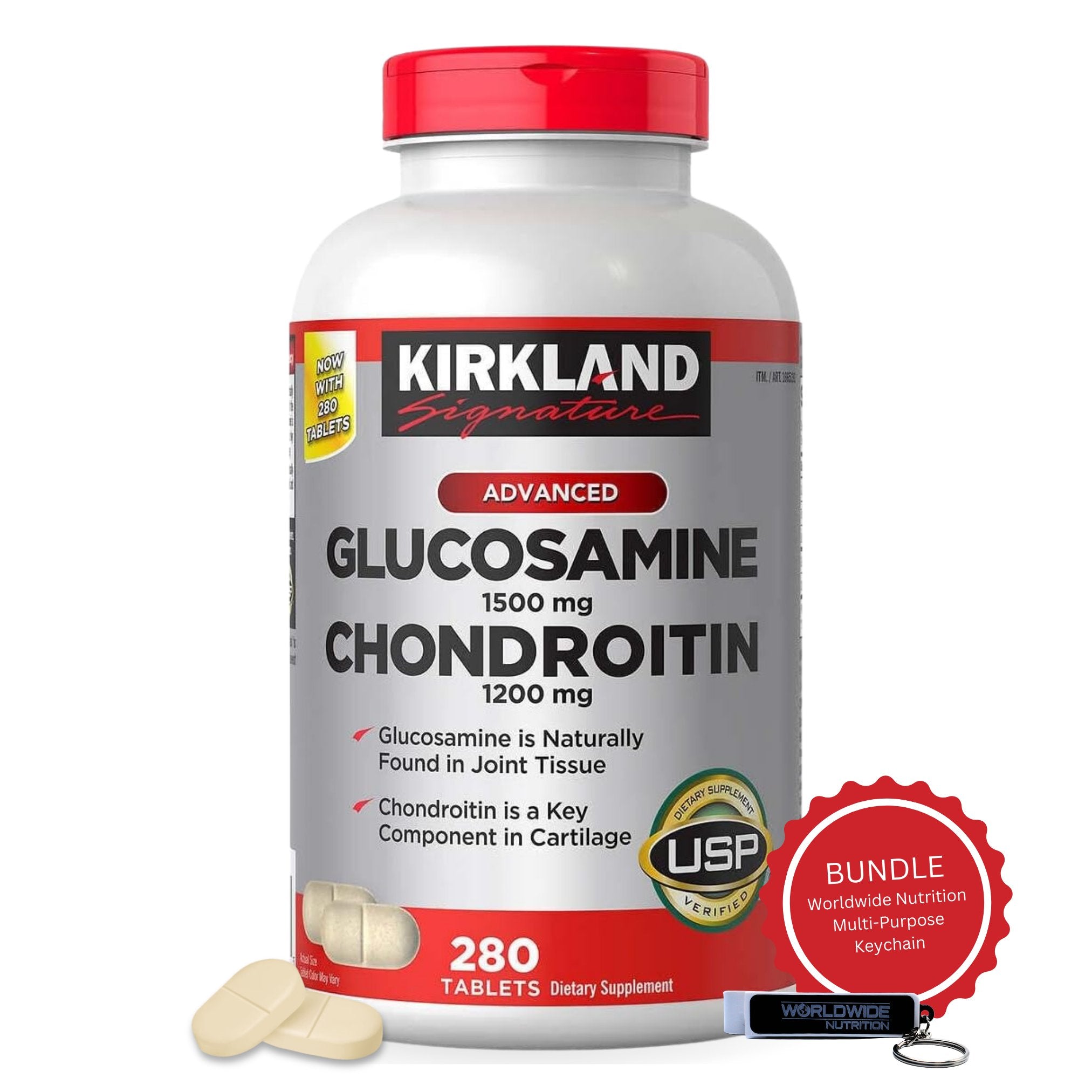 Kirkland Signature Advance Glucosamine 1500mg and Chondroitin 1200mg - Comprehensive Joint Support Formula - 280 Tablets with Multi-Purpose Keychain