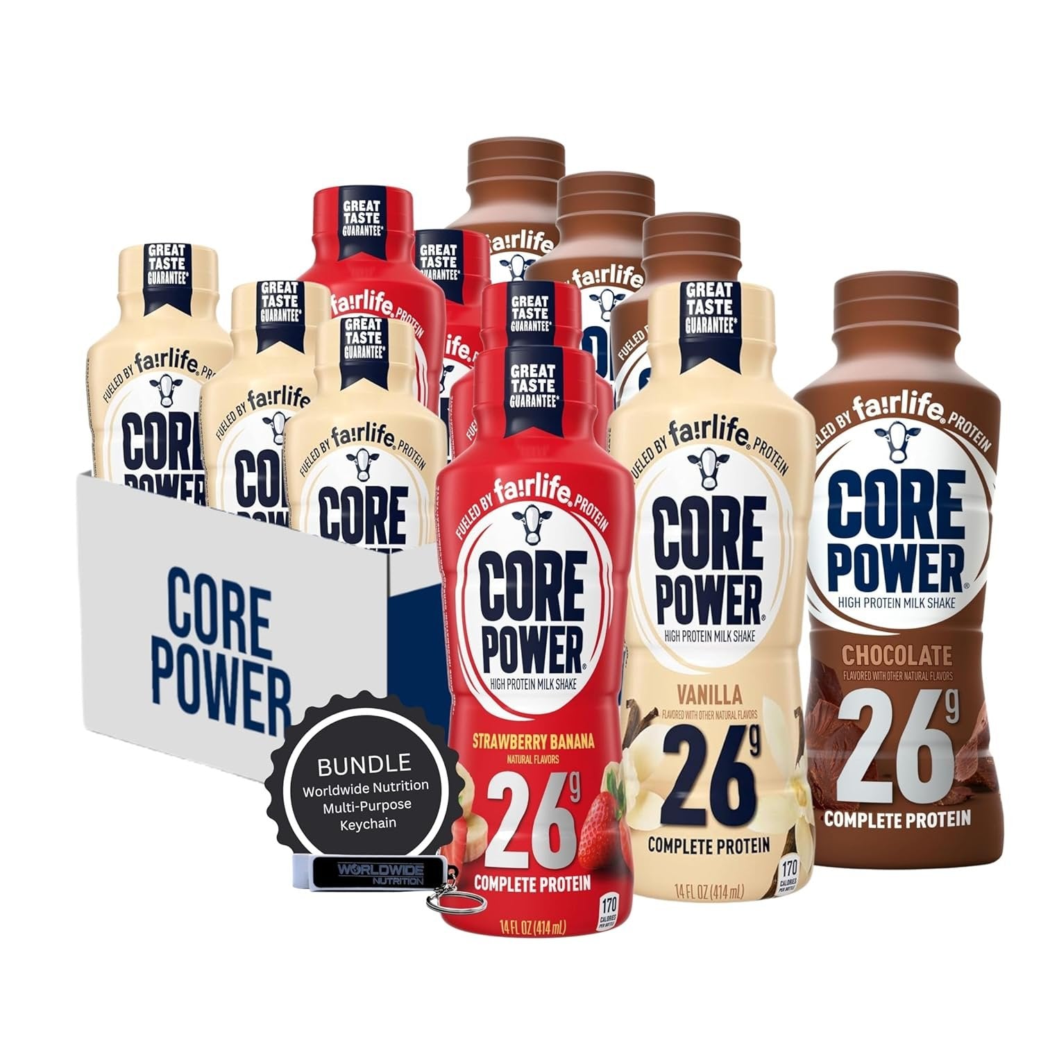 Fairlife Core Power 26g High Protein Milkshake in 3 Flavors (Strawberry Banana /Vanilla / Chocolate) - 12 Pack of 14oz - with Multi-Purpose Key Chain