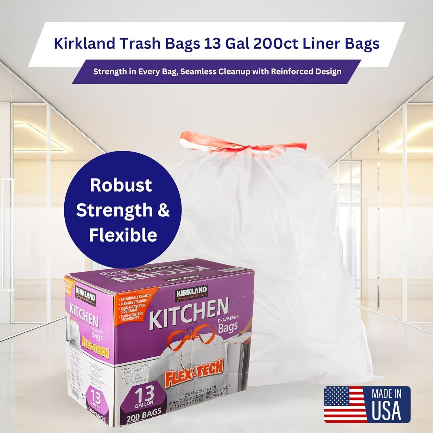 Kirkland Signature 13 Gallon Kitchen Drawstring Garbage Bag - Flex-Tech - 200 bags -  with Keychain