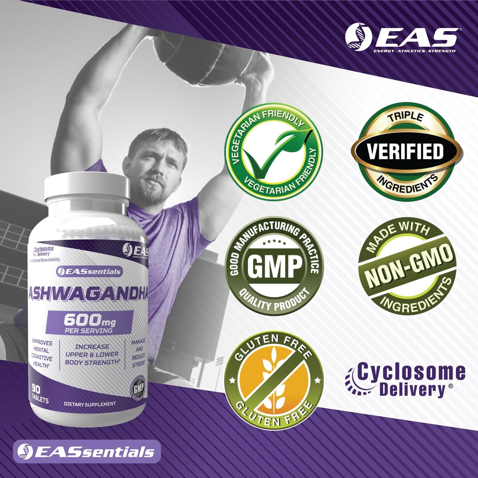 EAS Ashwagandha 600mg | Supports Improved Relaxation & Mental Clarity | Strength & Muscle Recovery | Better Absorption with Cyclosome Delivery | 90 Tablets