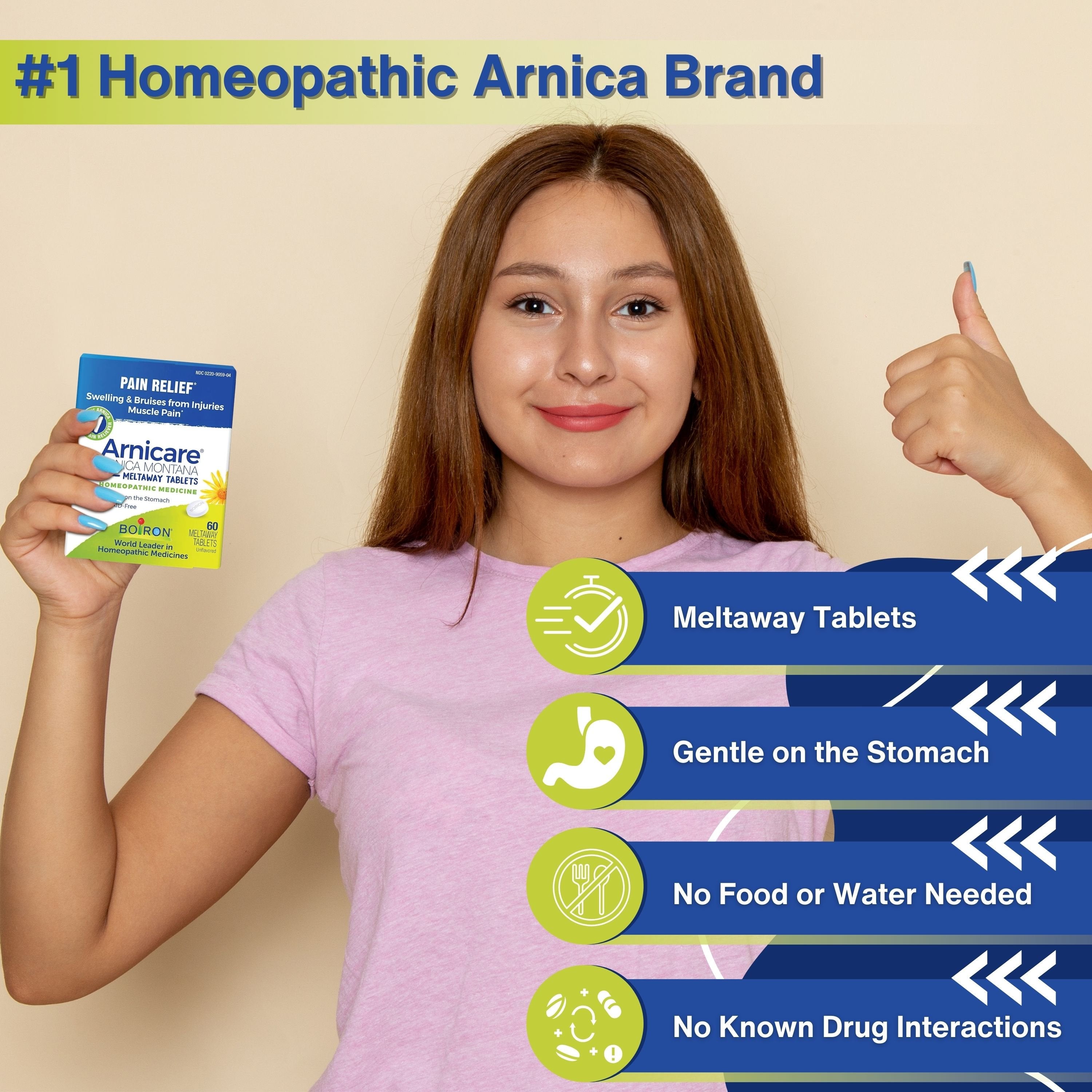 Boiron Arnicare Arnica Montana Meltaway Tablets - Swelling Reducer - Bruise Remedy - Muscle Pain Reliever - 60 Unflavored Tablets  with Multi-Purpose Keychain