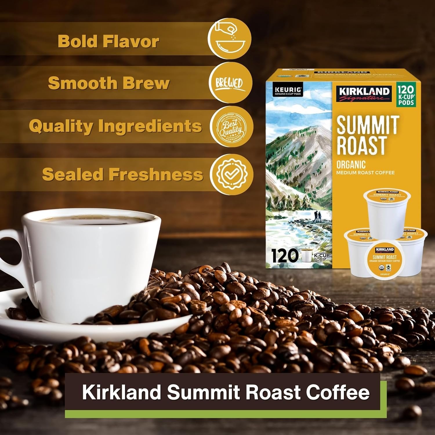 Kirkland Signature Summit Roast Organic Medium Roast Coffee - 120 K-Cup Pods - with Multi-Purpose Key Chain