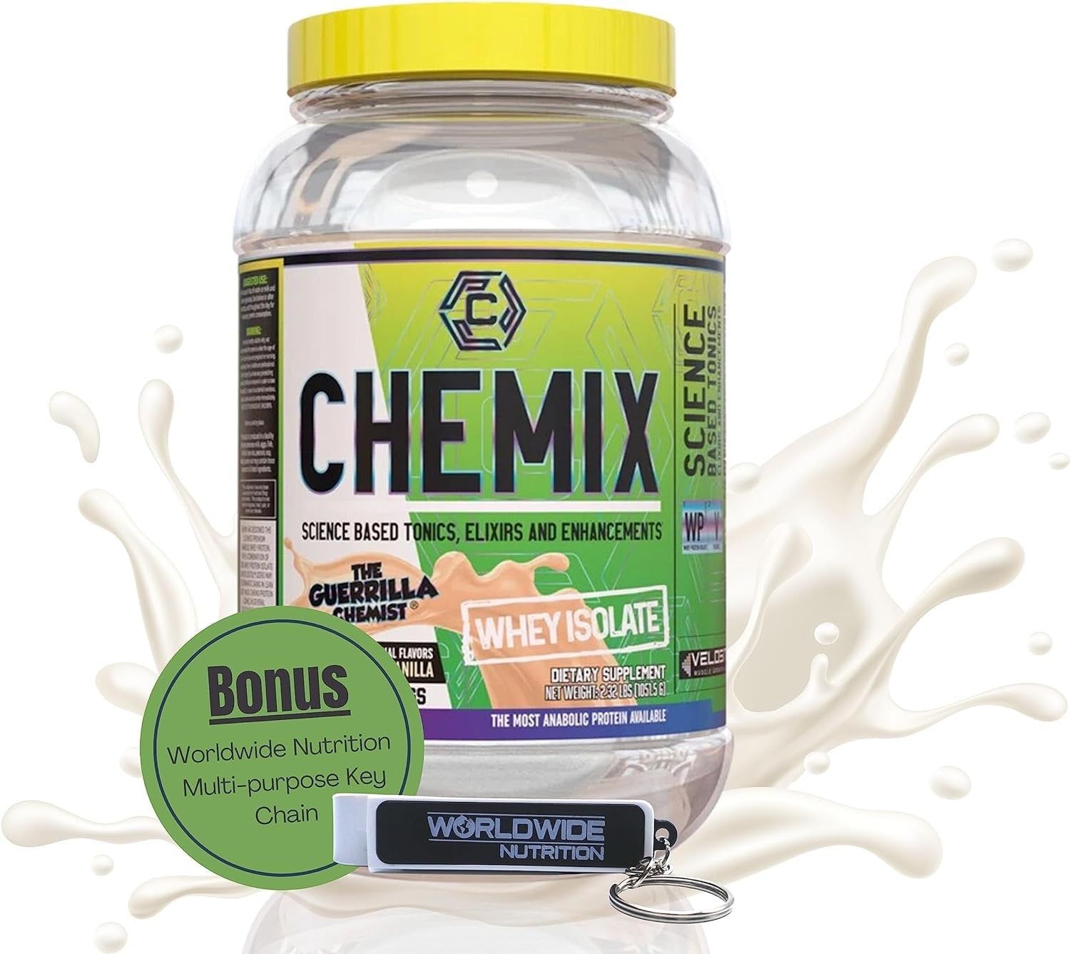 Chemix Whey Protein Isolate Vanilla Flavor - Science Based Tonic, Elixirs and Enhancements - Pure Whey Protein Powder - 1 Pack of 2.32Lbs with Multi-Purpose Keychain