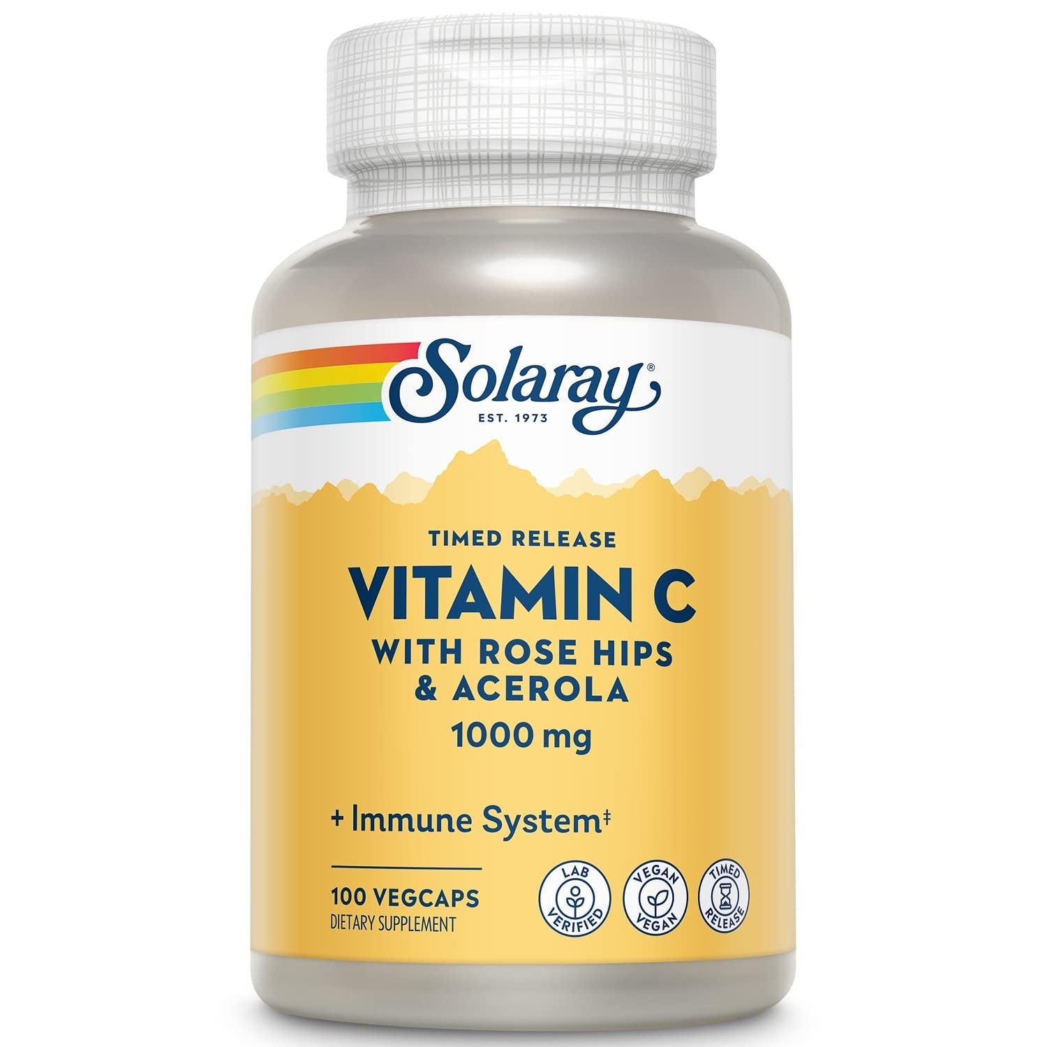 SOLARAY Vitamin C 1000mg - Time Release Vitamin C Capsules w/Rose Hips and Acerola for Bioflavonoid Support - Two-Stage, All-Day Immune Support - Vegan, 60 Day Guarantee, 100 Servings, 100 VegCaps