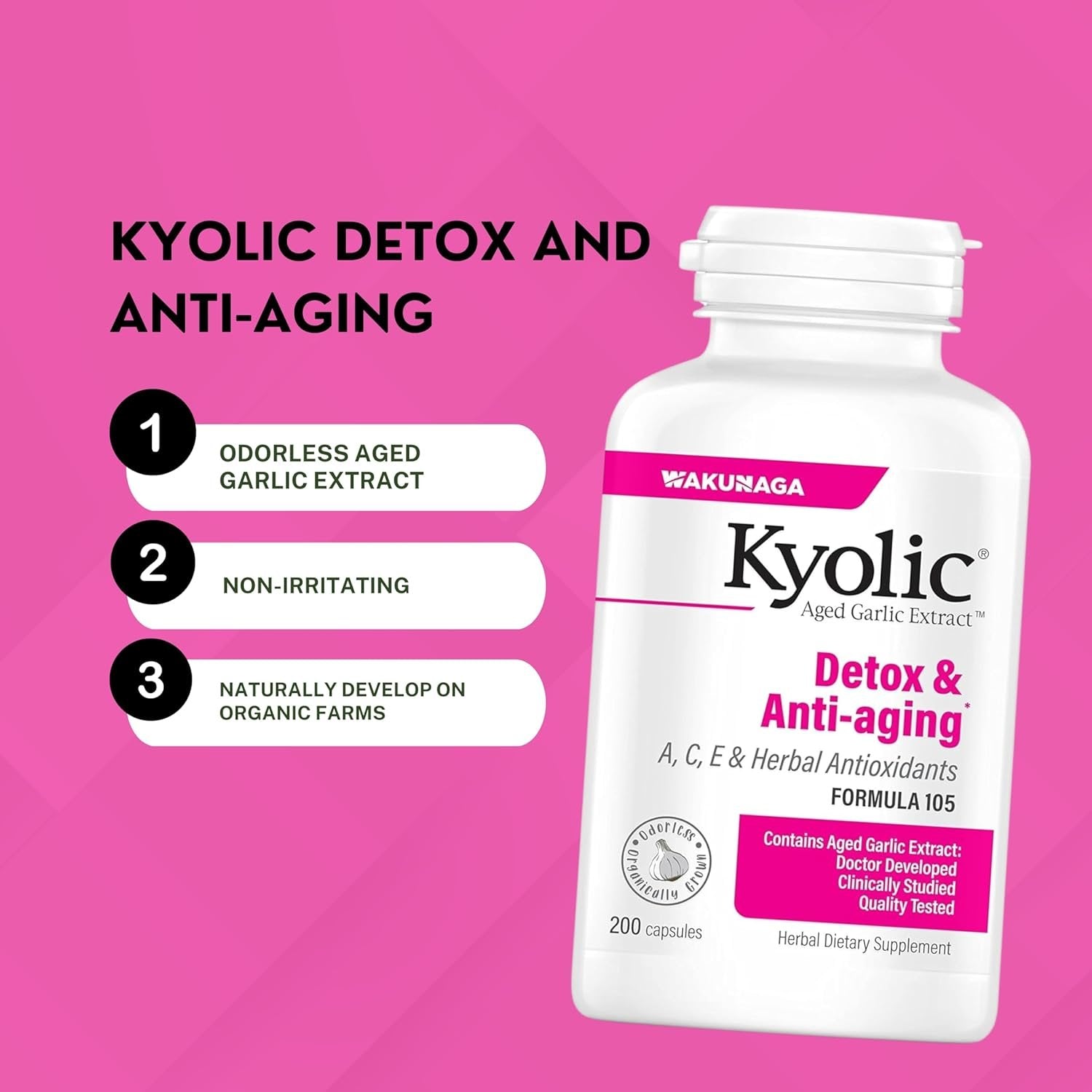 Kyolic Aged Garlic Extract Detox & Anti-Aging Formula 105 - Organic Aged Garlic Extract Odorless - 200 Capsules - with Multi-Purpose Key Chain