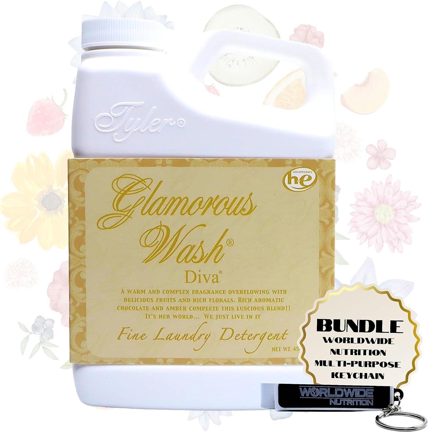 Tyler Candle Company Glamorous Wash Diva Laundry Liquid Detergent - Hand and Machine Washable - 16 oz (454 grams) - Pack of 1 with Multi-Purpose Keychain