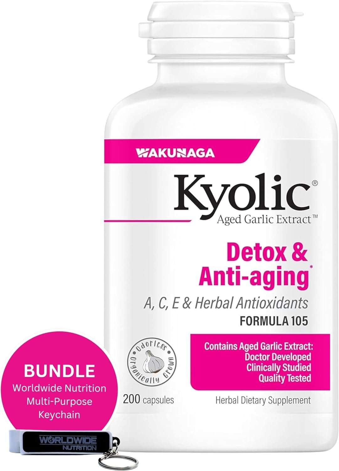 Kyolic Aged Garlic Extract Detox & Anti-Aging Formula 105 - Organic Aged Garlic Extract Odorless - 200 Capsules - with Multi-Purpose Key Chain