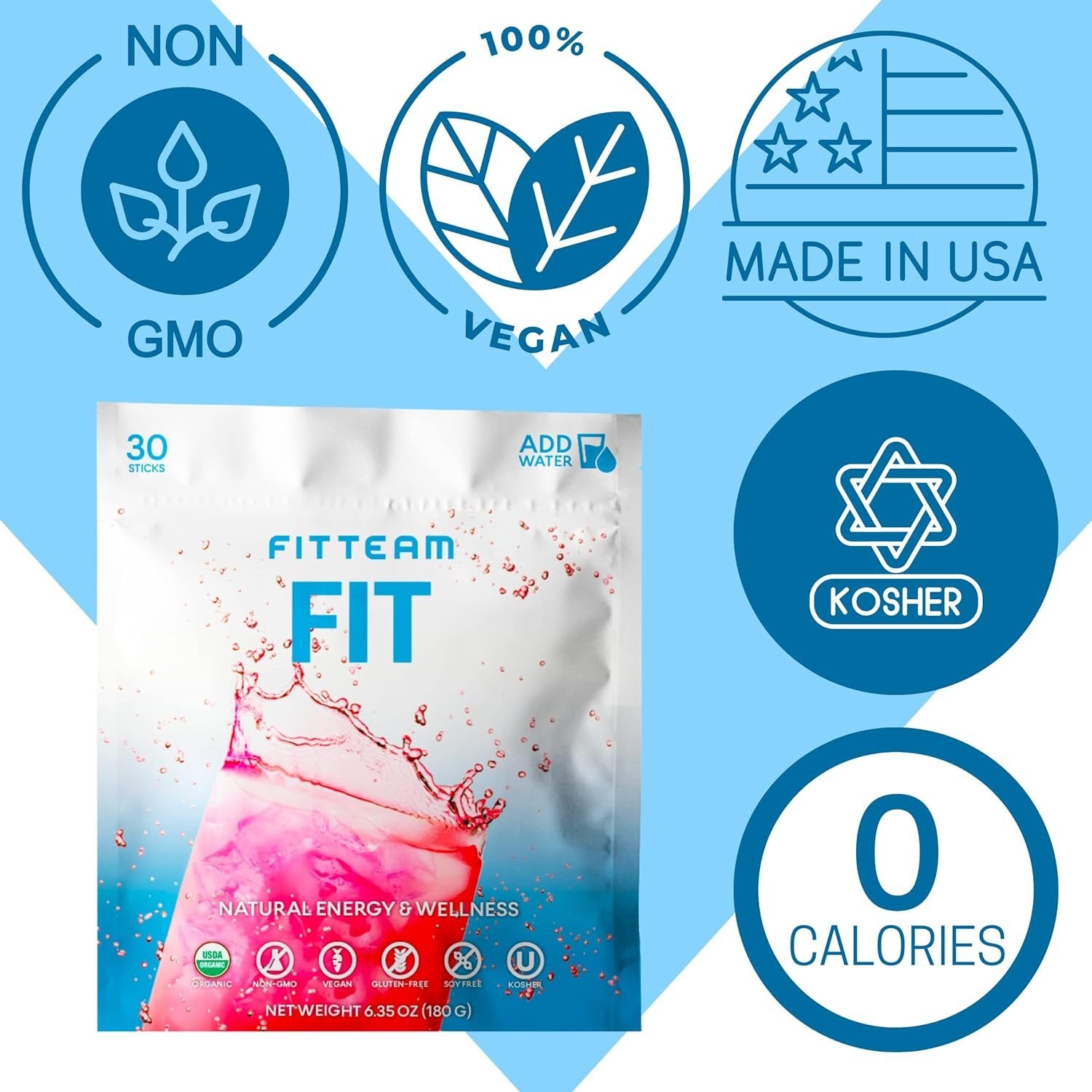 FITTEAM Fit Sticks Organic Energy and Wellness Beverage - Organic Energy Drink Mix - Mental Focus, Energy and Metabolism Boost - Mood Support and Antioxidants - 30 Individually Wrapped Stick Packs