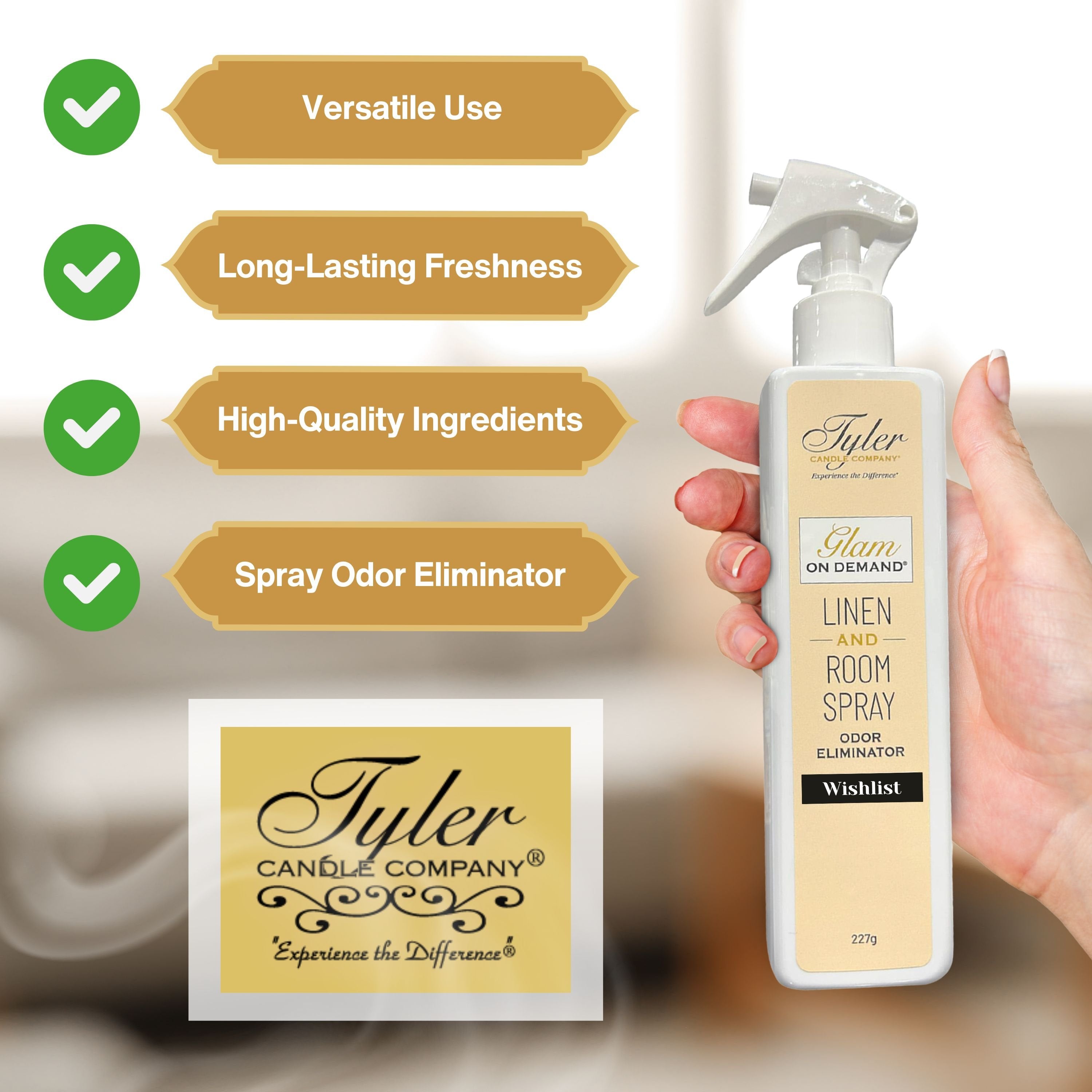 Tyler Candle Company Wishlist Glam On Demand - Linen and Room Spray- Oder Eliminator - Luxurious Fragrance - 8 oz (227g) - Pack of 1 with Keychain