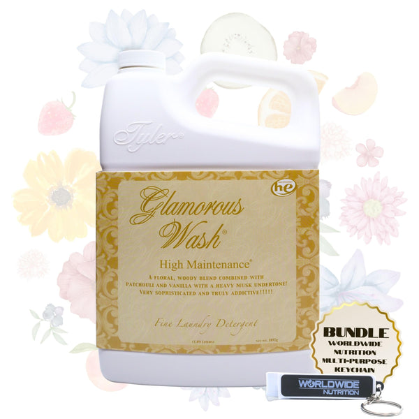 Tyler Candle Company Glamorous Wash High Maintenance Scent Fine Laundry Liquid Detergent - 1.89L (64 Fl Oz) Container and Worldwide Nutrition Multi-Purpose Key Chain