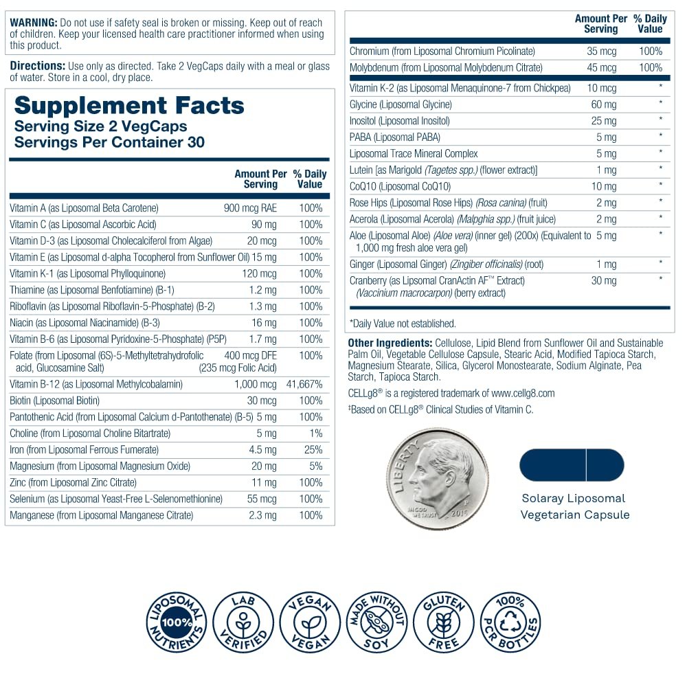 SOLARAY Liposomal Multivitamin for Women 50 Plus, Enhanced Absorption with Iron, Vitamin D, Vitamin C, B12, Biotin & More, Immune Support & Bone Health, Vegan, 30 Servings, 60 VegCaps