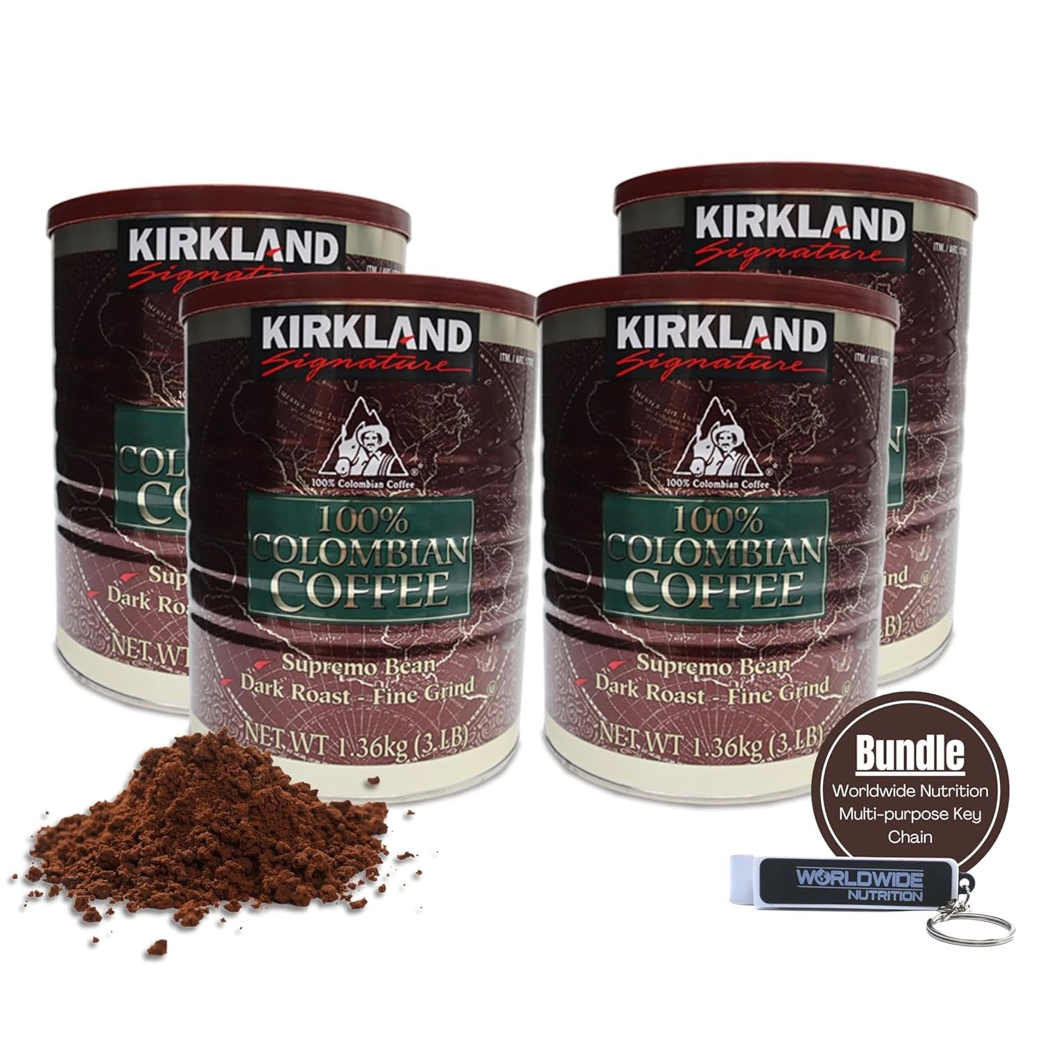 Kirkland Signature 100% Colombian Coffee Supremo Bean - Dark Roast - Fine Grind - 4 Pack of 3lb - with Multi-Purpose Key Chain