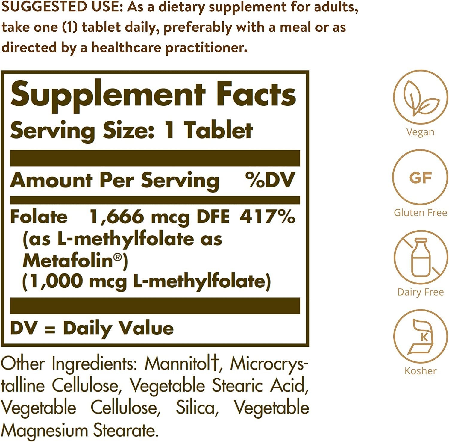 Solgar Folate 1000 mcg DFE, 120 Tablets - 1666 mcg Bio-Active Metafolin - Heart Health - Vegan, Gluten Free, Dairy Free, Kosher - 120 Servings