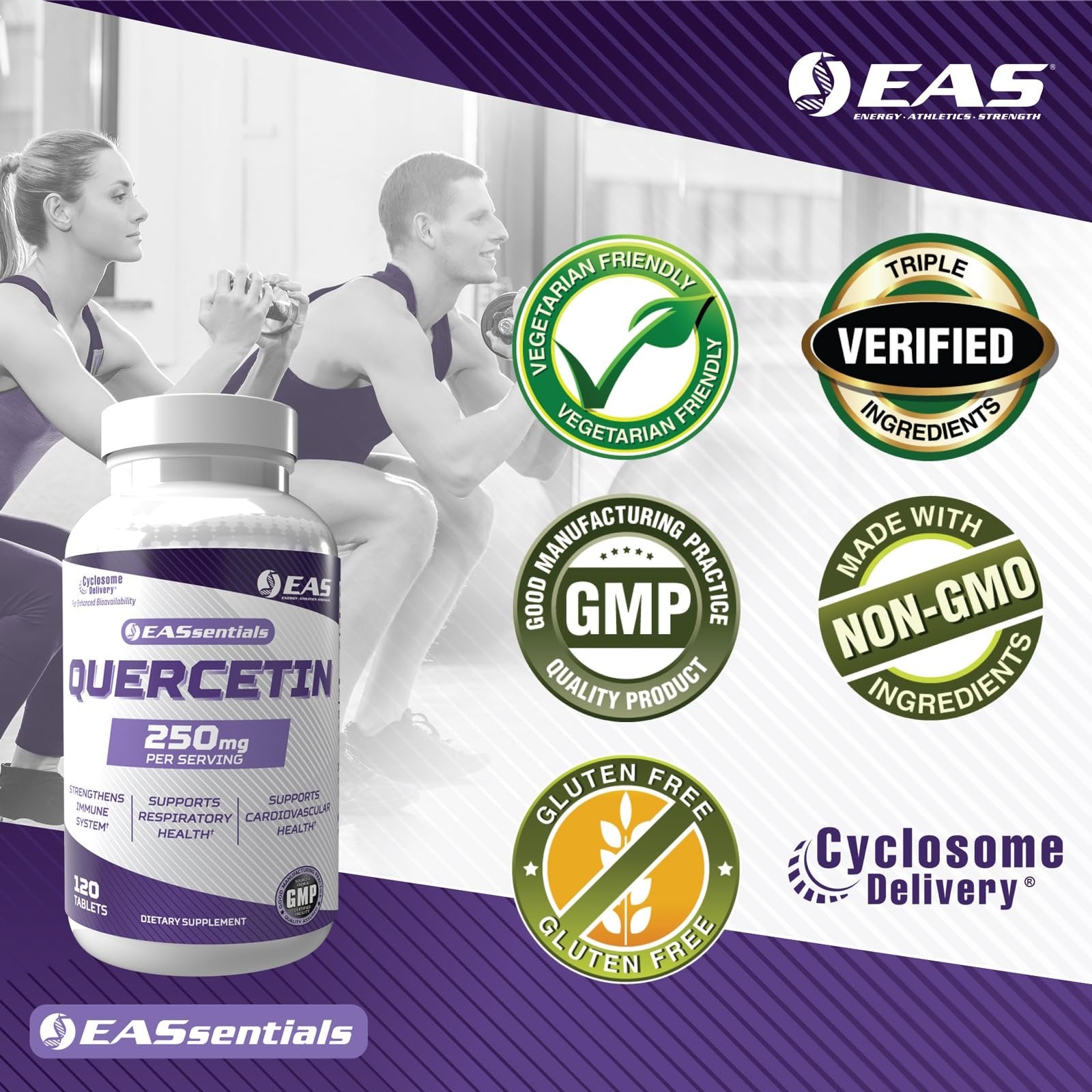 EAS Quercetin 250mg | Heart & Respiratory Health | Supports Immune Response | Gluten Free, Non GMO | Better Absorption with Cyclosome Delivery | 120 Tablets