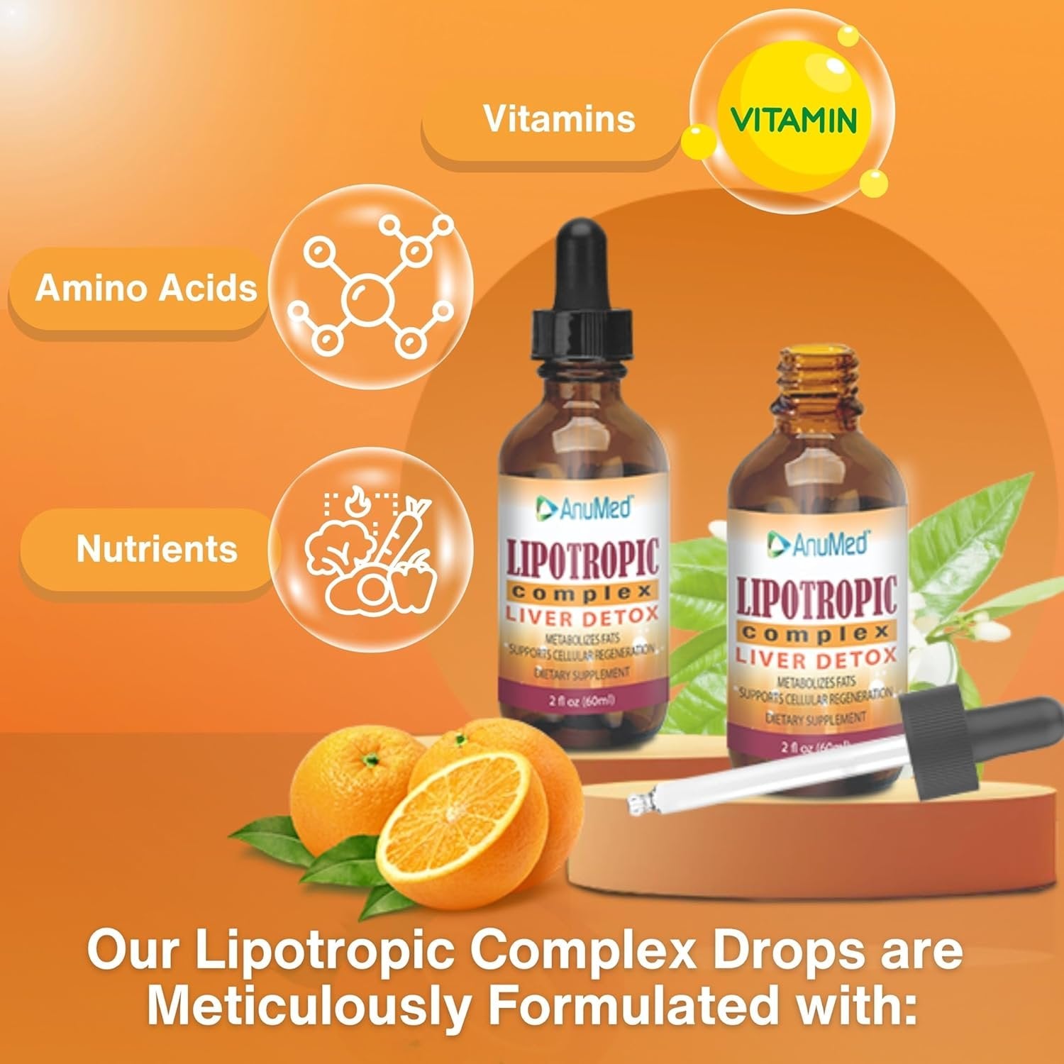 AnuMed International Lipotropic Complex Drops - Liver Detox - Metabolizes Fats - Supports Cellular Regeneration - Vit. B12, B6, Folic Acid - Orange Flavor - 2 oz